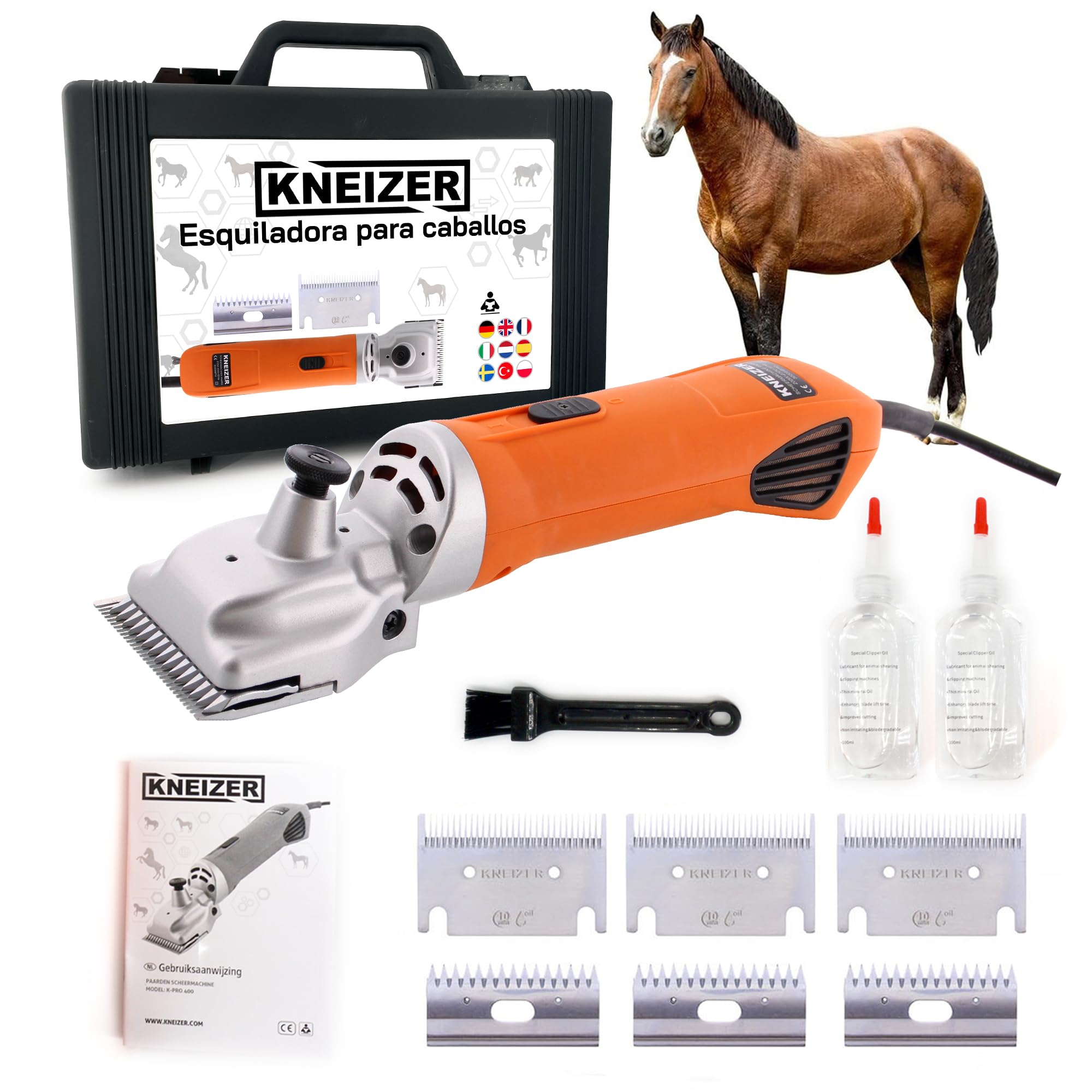 Máquina de Esquilar Caballos KNEIZER – Kit Completo con Accesorios – Cuchillas Intercambiables – Silenciosa y con Baja Vibración – Para Todo Tipo de Pelaje y Zonas del Cuerpo – Sin Mantenimiento