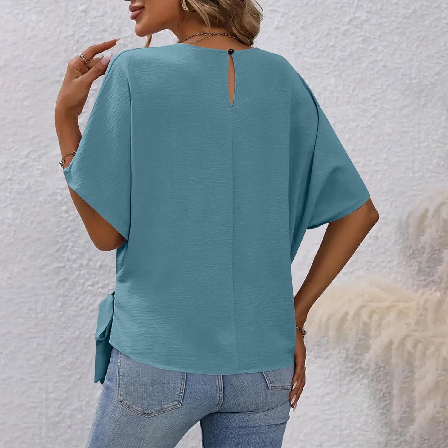 Women's Fashion Batwing Sleeve Shirts Round Neck Tie Knot Side Blouse Oversized Textured Tops Solid Color Tee Tunics - Image 3