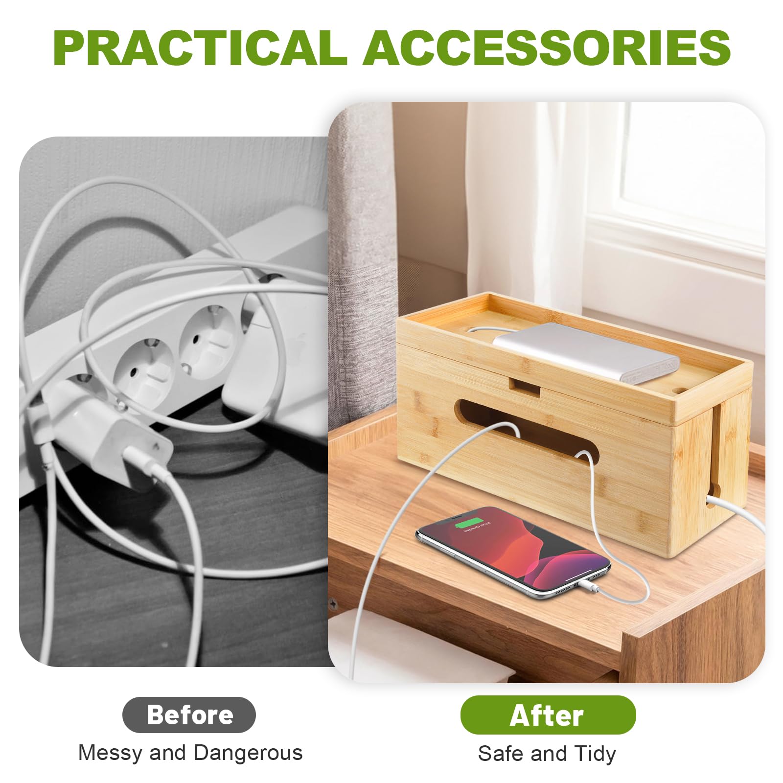 Caja de cables de madera [juego de 2 | grande y pequeño] de bambú sostenible – Caja de gestión de cables para ocultar cables enredados – Caja de enchufe colector de cables, caja organizador