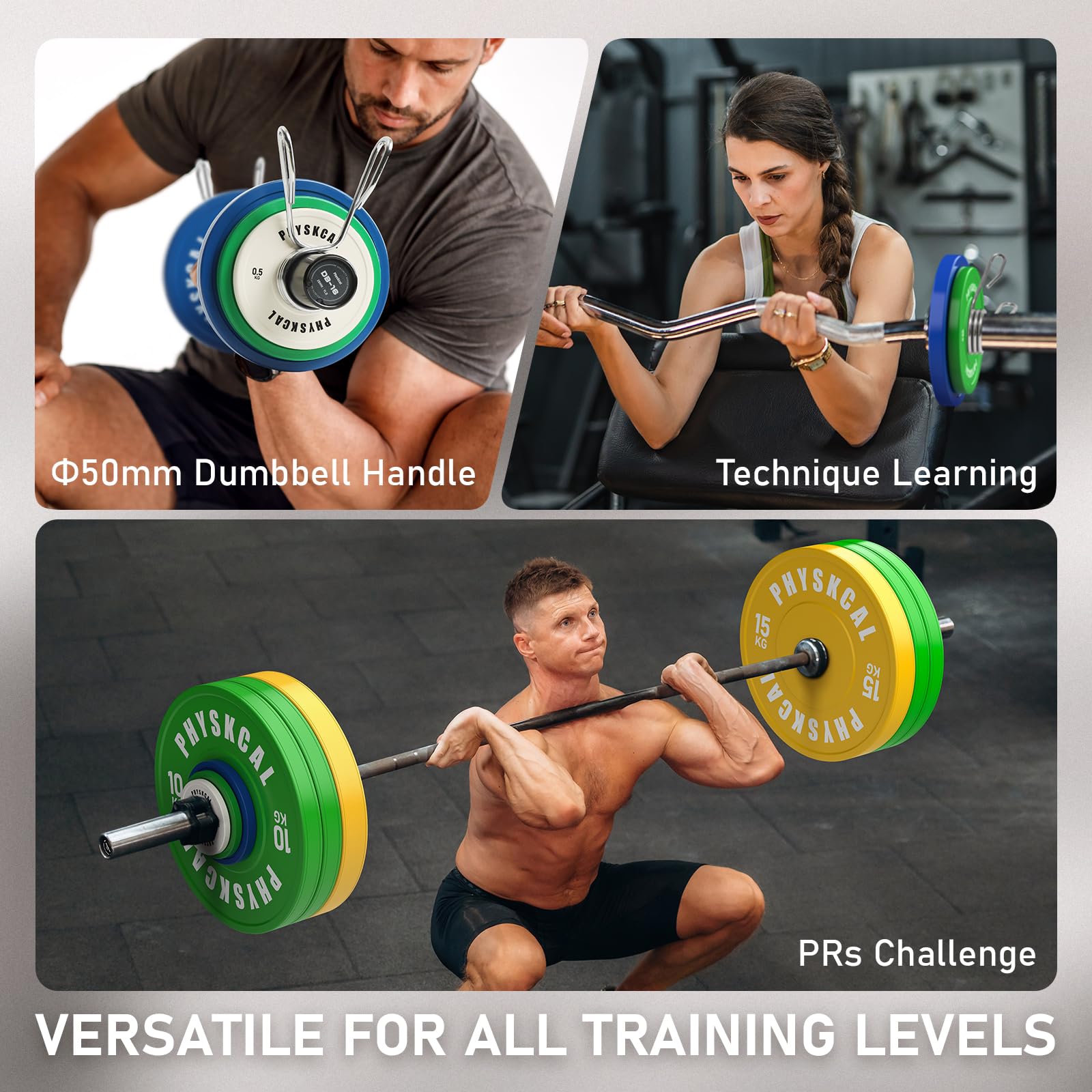 PhysKcal Disco Bumper Color y Discos Micro con Ø 50 mm Inserto | 0,5 kg a 25 kg. Rebote reducido & código de color IWF. Ideal para halterofilia, WOD, halterofilia & gimnasio en casa