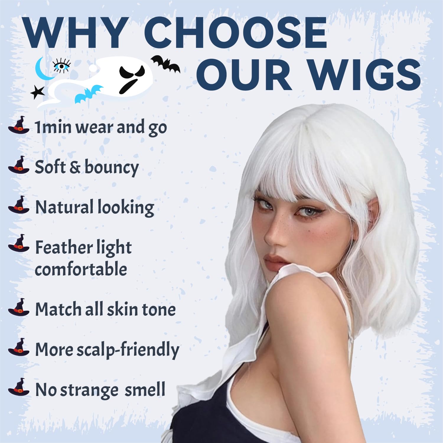 Halloween Short White Wig with Bangs Shoulder Length Cute Bob Wavy Curly Synthetic Hair Wigs with Bang for Women & Girls Use for Halloween Cosplay Party Daily