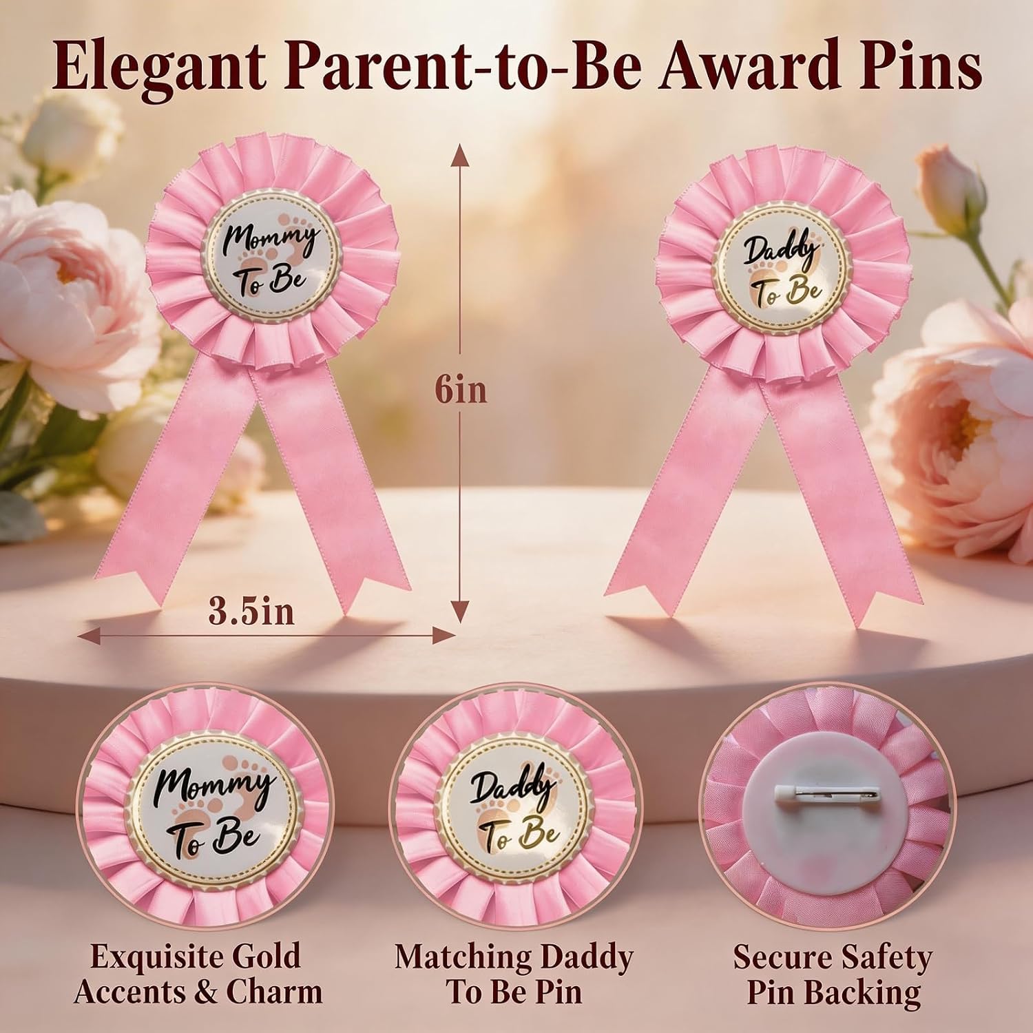 Mommy to Be Sash and Pin Set - Pink Baby Shower Decorations for Girl with Bracelet Keepsake - 4Pcs Gender Reveal Party Supplies for Mom Dad