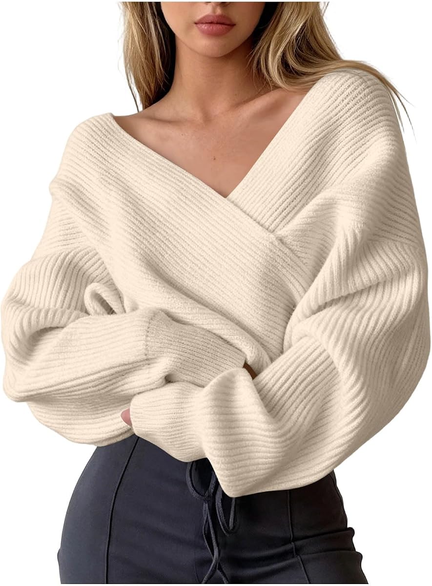 Women Wrap Cross V Neck Sweater Oversized Batwing Sleeve Pullover