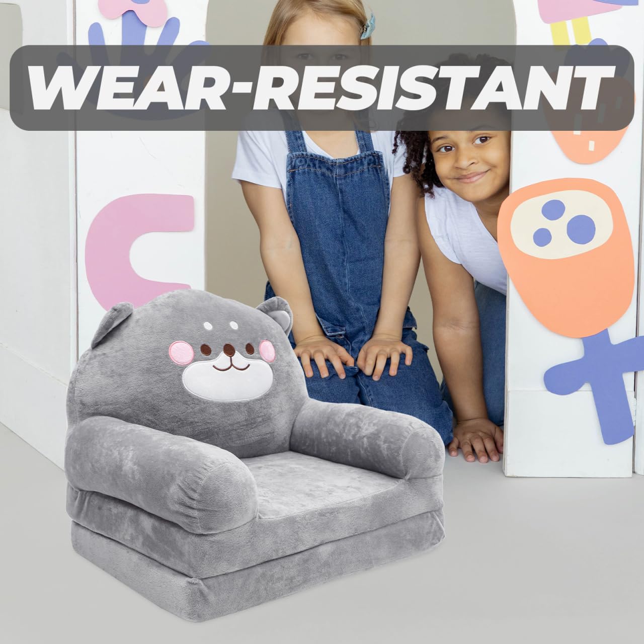 Hemobllo Sofá Cama Infantil 2 en 1 Plegable, 90x50 cm, Felpa Gris Oso, Funda Lavable, Convertible Sillón-Tumbona para Dormitorio, Guardería, Regalo Niños 1-4 Años