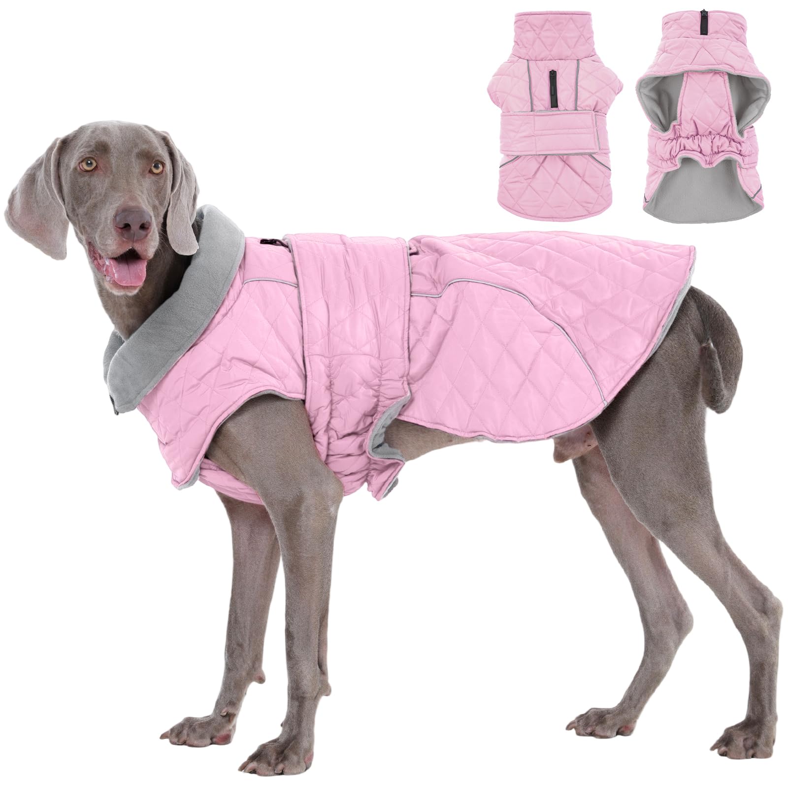 Kuoser Dog Winter Coat XX-Large, Waterproof Warm Jacket for Large Dogs, Soft Fleece Inside, Zipper Harness Hole, Foldable Turtleneck, Easy to Wear Outdoor Dog Clothes, Pink 2XL