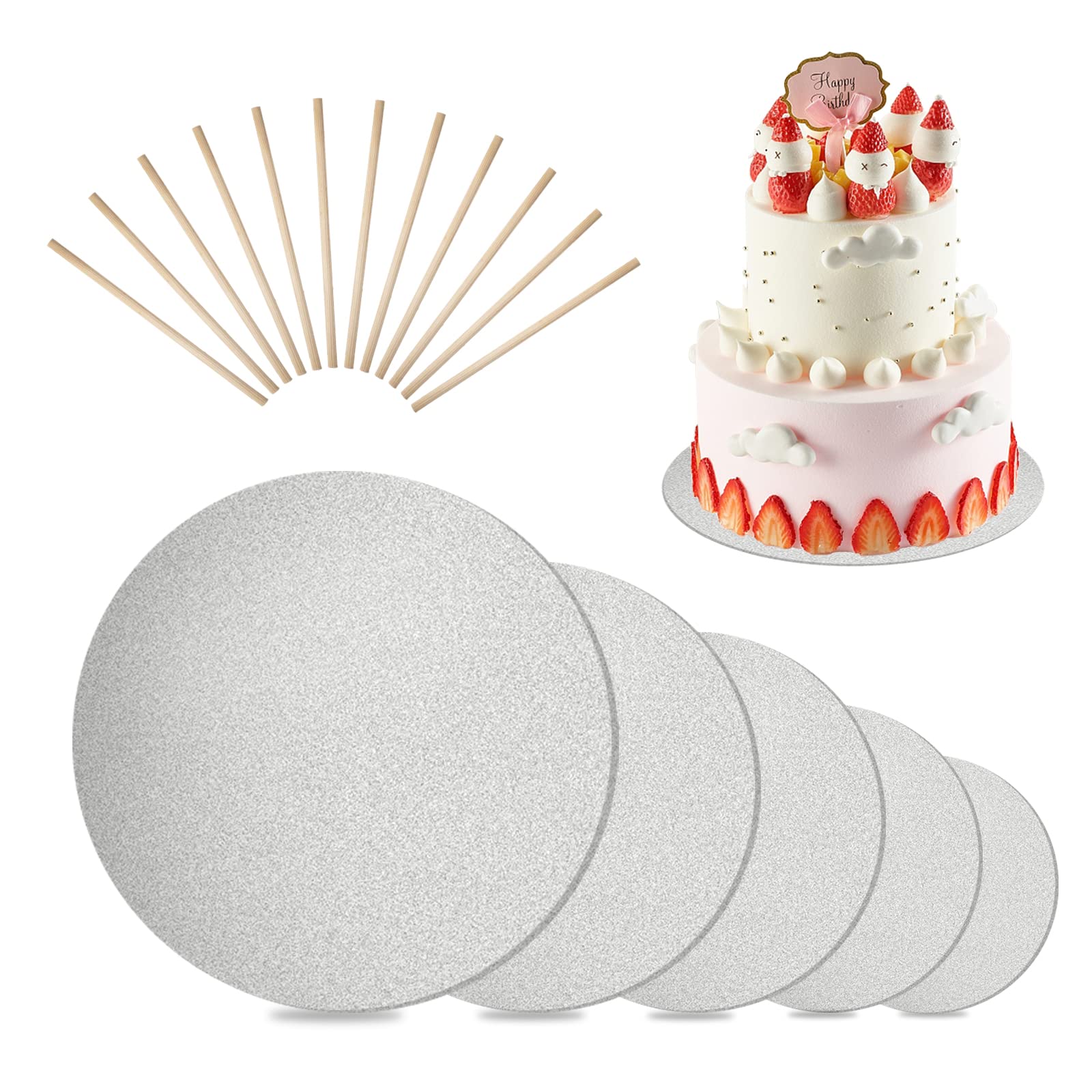 Set Sottotorta SUPGOMAX 5 Pezzi E 12 Tasselli - Basi Per Torte Diametri 4-12 Pollici, Cartone Con Rivestimento Argento