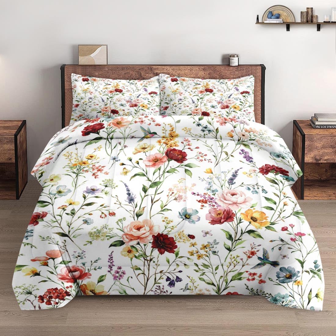 Queen Size Comforter Set with 2 Pillowcases, Wildflower Flower Floral 3 Pcs Bedding for Kids and Adults, Boho Watercolor Butterfly Soft Comforter Set for Bedroom Bed Decor