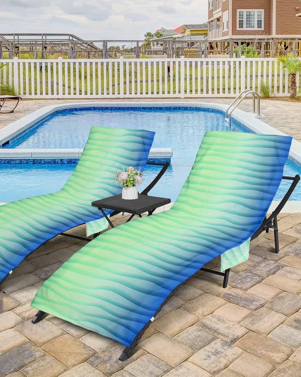 Colorful Beach Pool Patio Lounge Chaise Chair Cover Towel With Pockets,Absorbent & Quick Dry Microfiber Towel Cover Bag Summer Accessories for Sunbathing Gradient Minimalist Geometric Abstract Teal