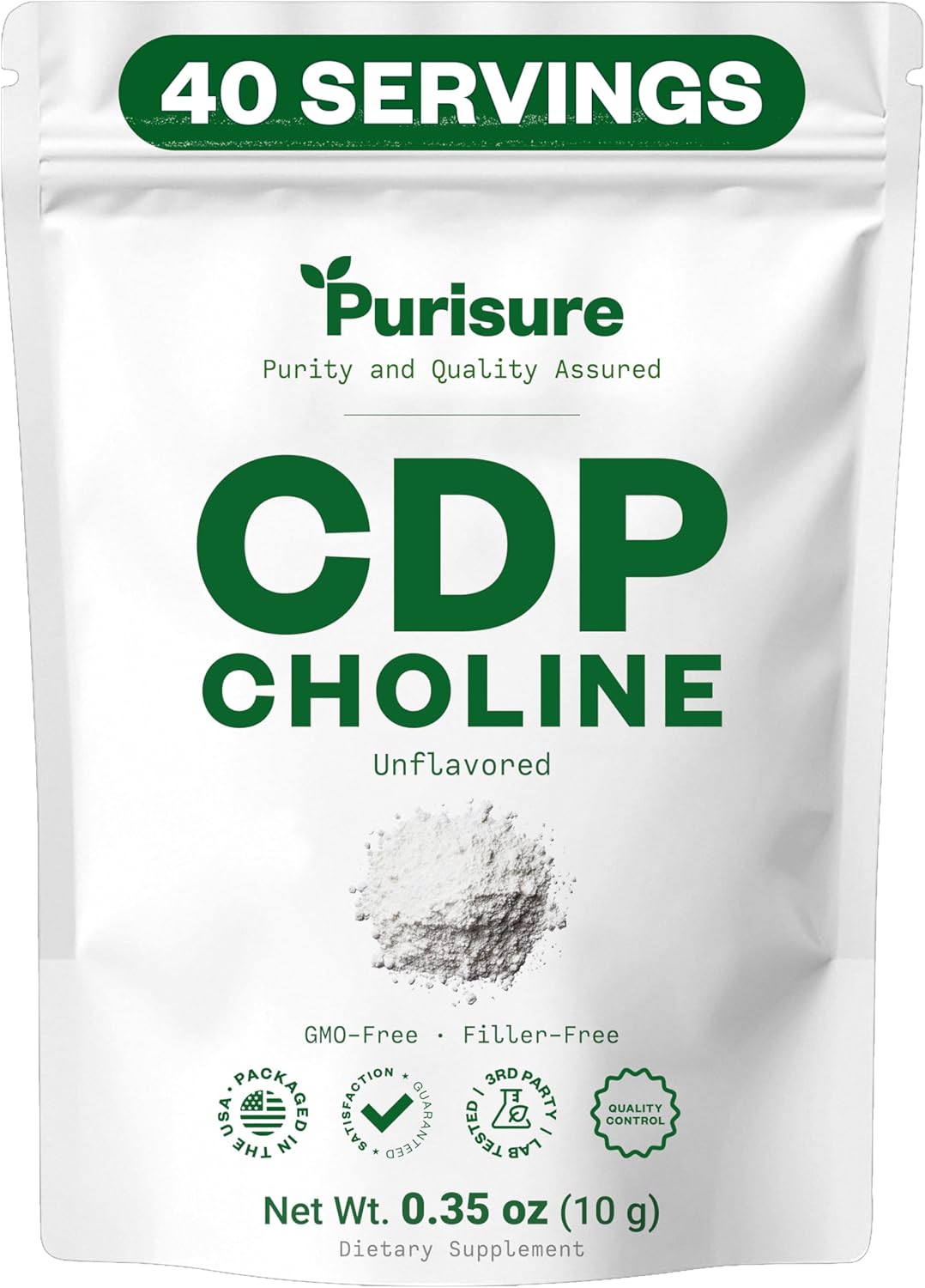 Purisure CDP Choline Powder, 10g, CDP Choline Supplements That Support Attention, Focus, and Energy, Citicoline Powder for Cognitive Function, Increases Motivation and Productivity, 40 Servings