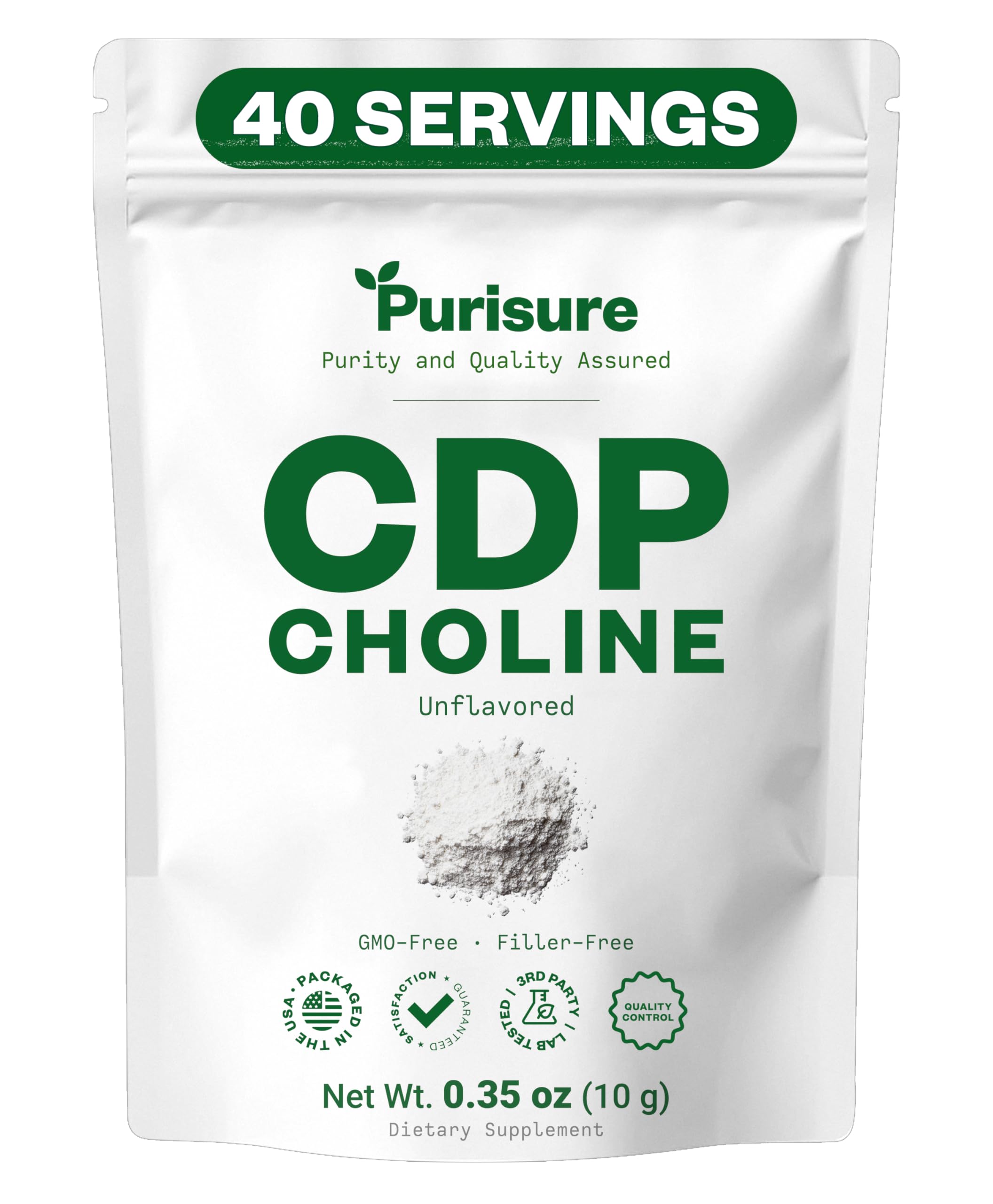 Purisure CDP Choline Powder, 10g, CDP Choline Supplements That Support Attention, Focus, and Energy, Citicoline Powder for Cognitive Function, Increases Motivation and Productivity, 40 Servings