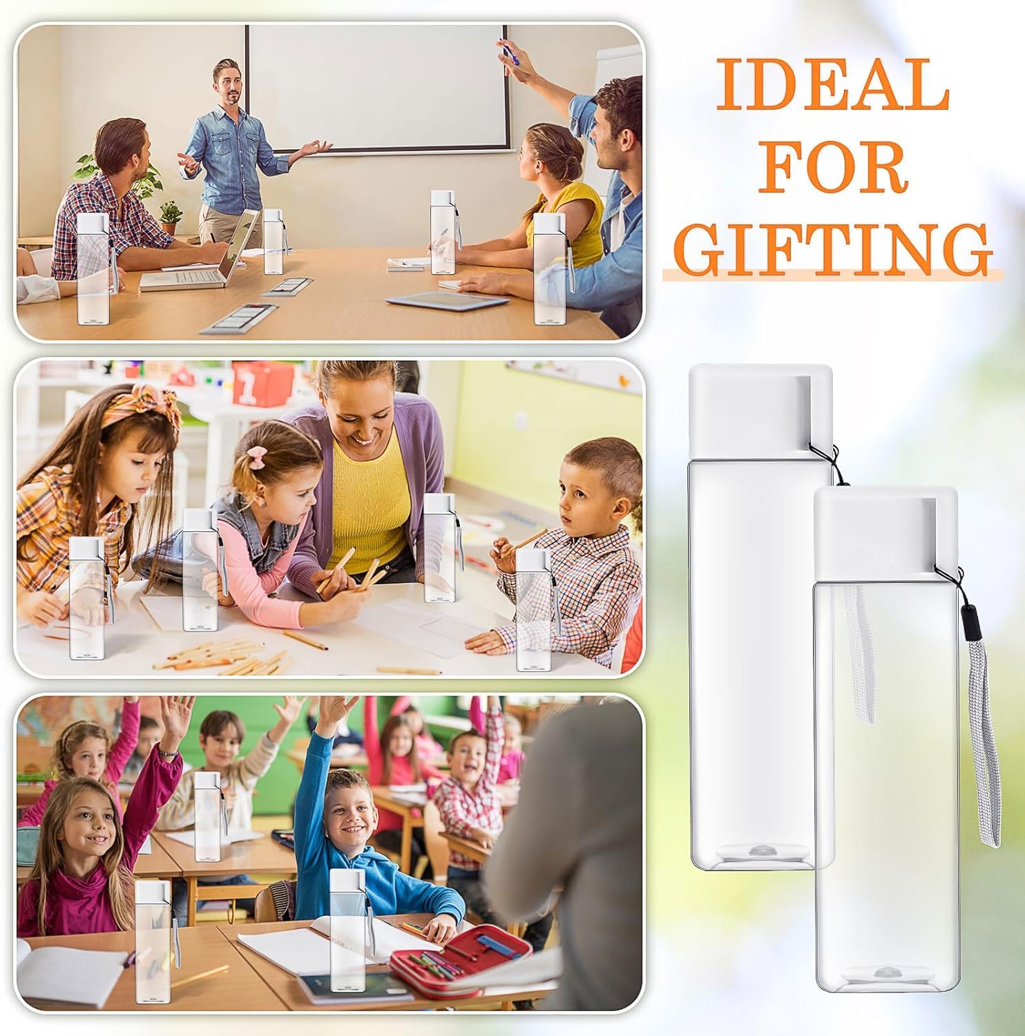 20 botellas de agua en paquete grande, 500 ml, botellas de agua de plástico reutilizables, botella de agua deportiva de boca ancha, botella de plástico rectangular para gimnasio, fitness al aire libre