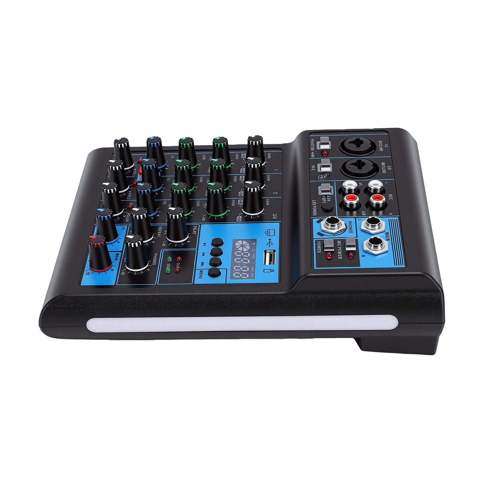 Fockety Mixer Audio con Doppi Microfoni, Scheda Audio Professionale a 4 Canali con Bluetooth, Ingresso USB MP3 e Alimentazione 48 V, Mixer DJ per Karaoke, Podcasting