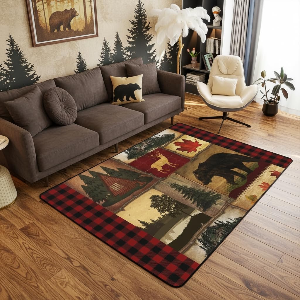 Bear Cabin Plaid Area Rug 6'6" x 4'11" for Home Dorm,Rustic Farmhouse Living Room Rugs,Retro Hunting Deer Carpet,Country Woodland Pine Tree Floor Mat,Maple Leaf Lodge Decorative Rug,Red Black Brown