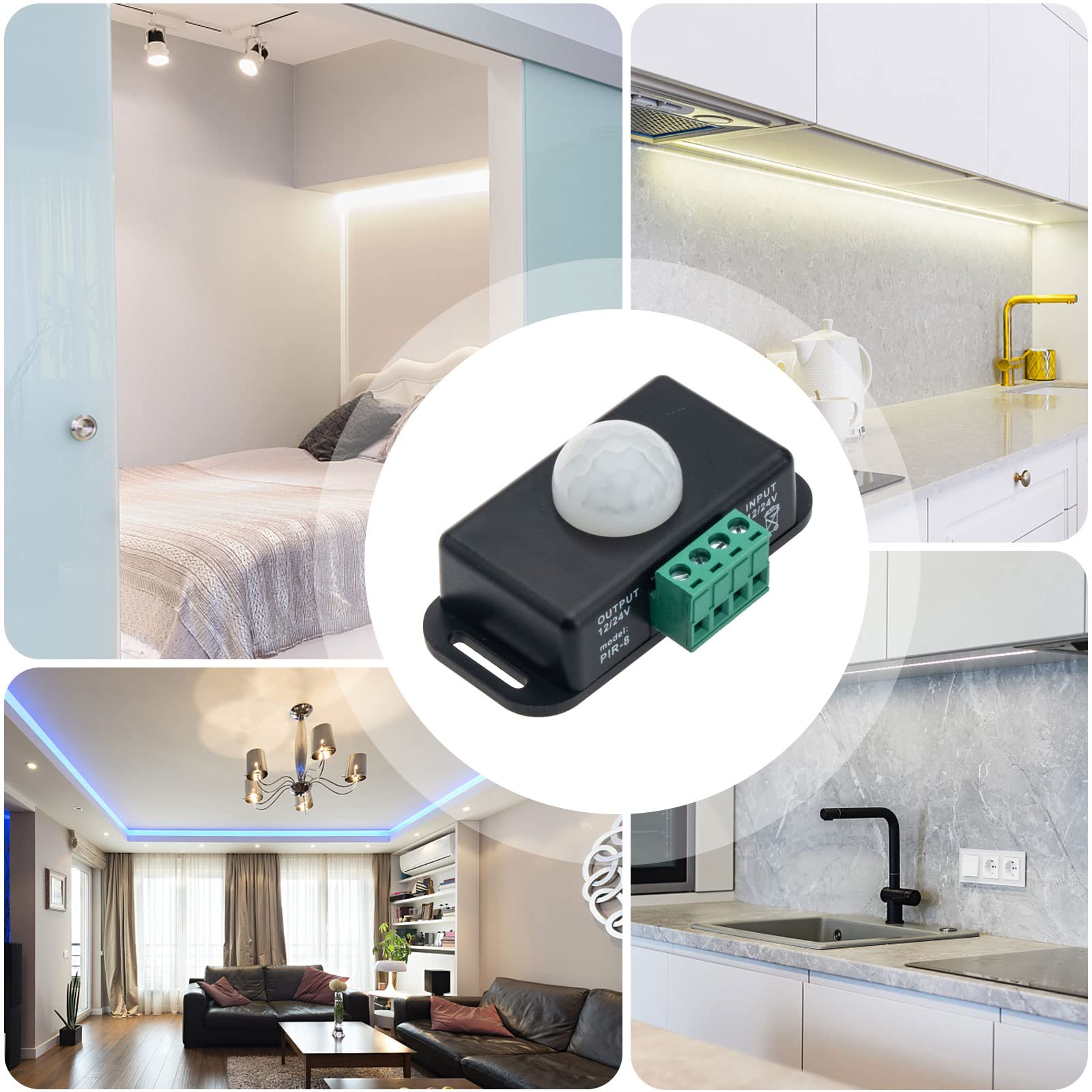 Sensor de movimiento PIR de 12 V 24 V, 8 unidades, sensor de movimiento LED, interruptor de luz, detector de movimiento infrarrojo, controlador de interruptor de luz para tiras de luces LED flexibles