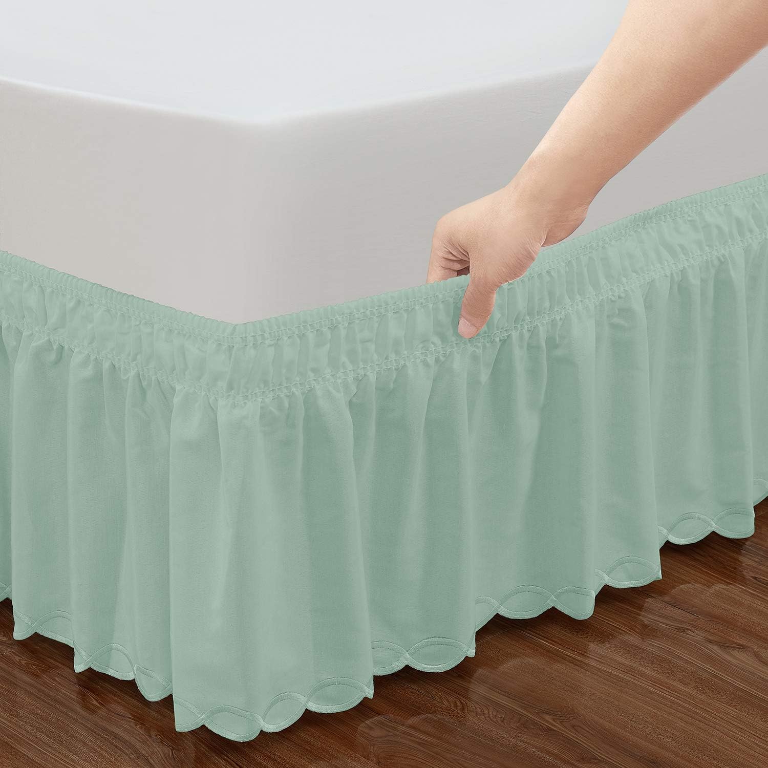 QSY Home Wrap Around Elastic Eyelet Bed Skirts Dust Ruffle Three Fabric Sides Easy On/Easy Off Adjustable Polyester Cotton 14 1/2 Inches Drop(Light Green Queen/King)