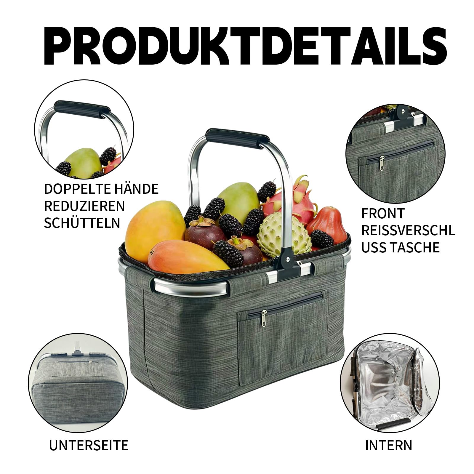 35L Einkaufskorb Faltbar, Großer Einkaufskörbe Korb mit Gepolsterten Griffen, Einkaufskorb Geeignet für Büro, Camping, Picknick und Reise Isoliertasche