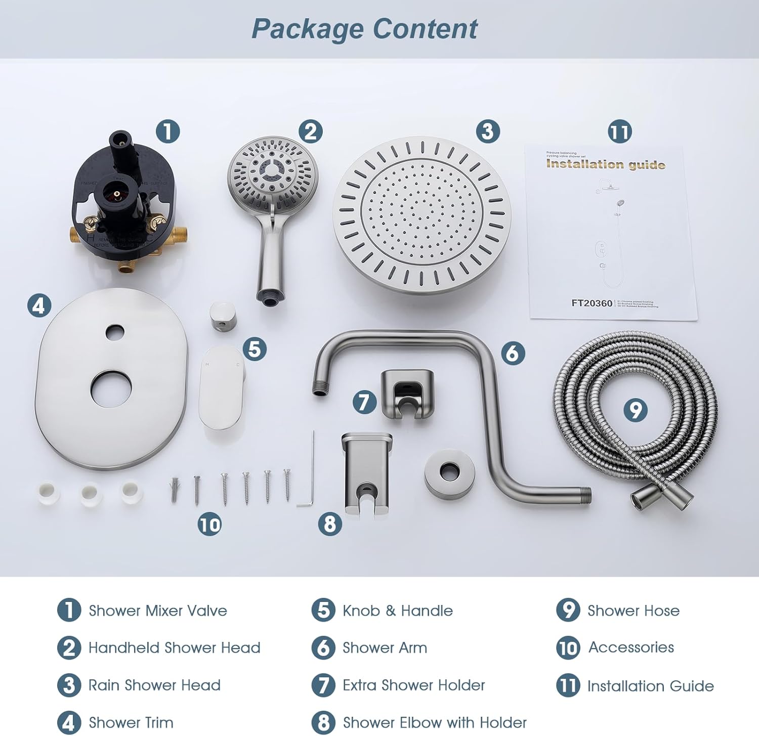 BRIGHT SHOWERS Shower Faucet Set, Shower System with Shower Valve Trim Kit, Double Handle Shower Fixture Rainfall Shower Head and 9-Setting Handheld Spray Combo, Valve Included, Brushed Nickel