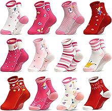 SkiBeaut Baby Toddlers Girls Socks, 12 Pairs Non Slip Kids Grips Toddler Grippy Girl House Socks with Grippers for 0-7 Years