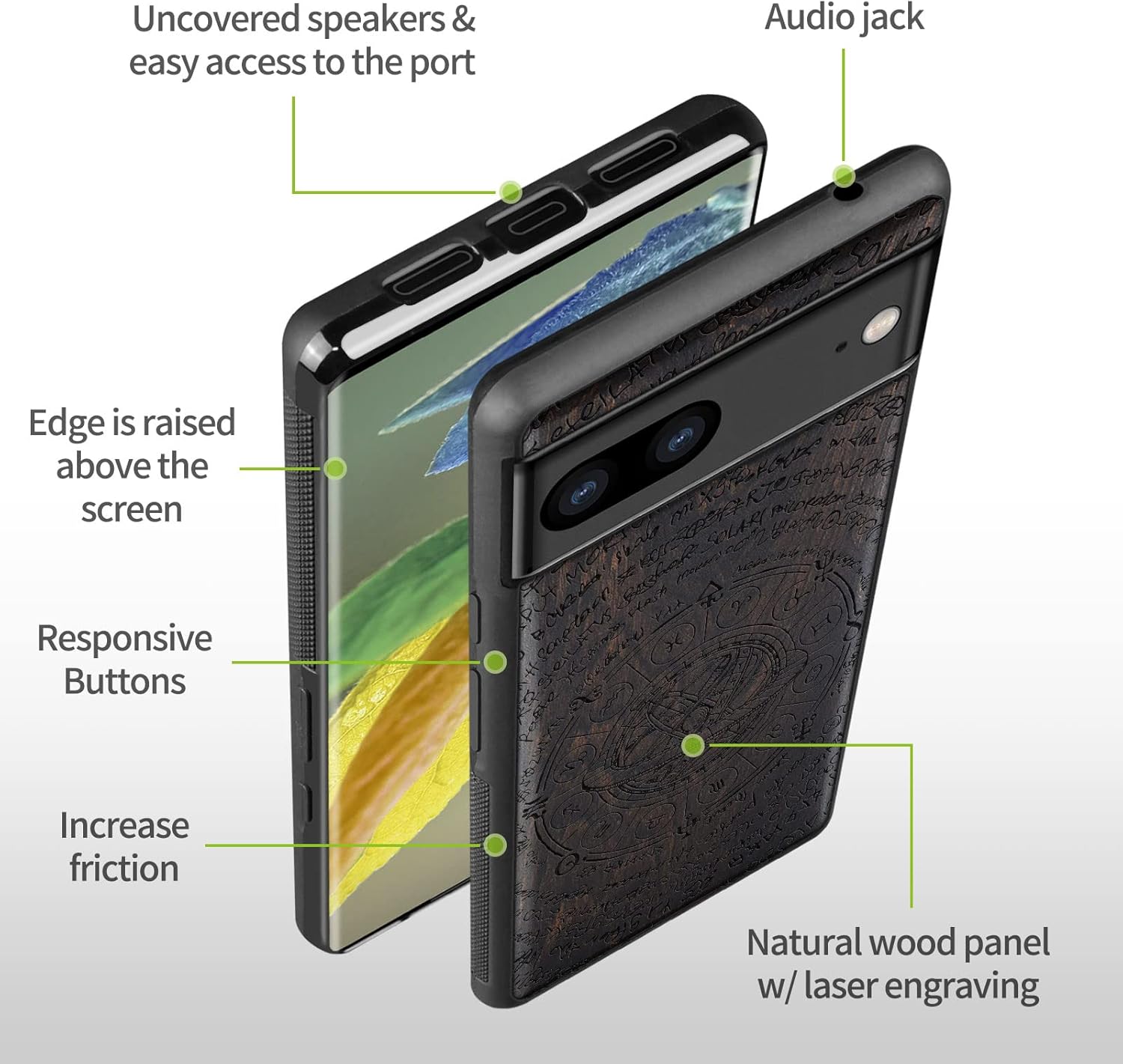 Carveit Wood Case for Pixel 7a Case [Natural Wood & Black Soft TPU] Shockproof Protective Wooden Phone Cover Compatible with Google Pixel 7a (Ptolemaic Geocentric System-Blackwood)