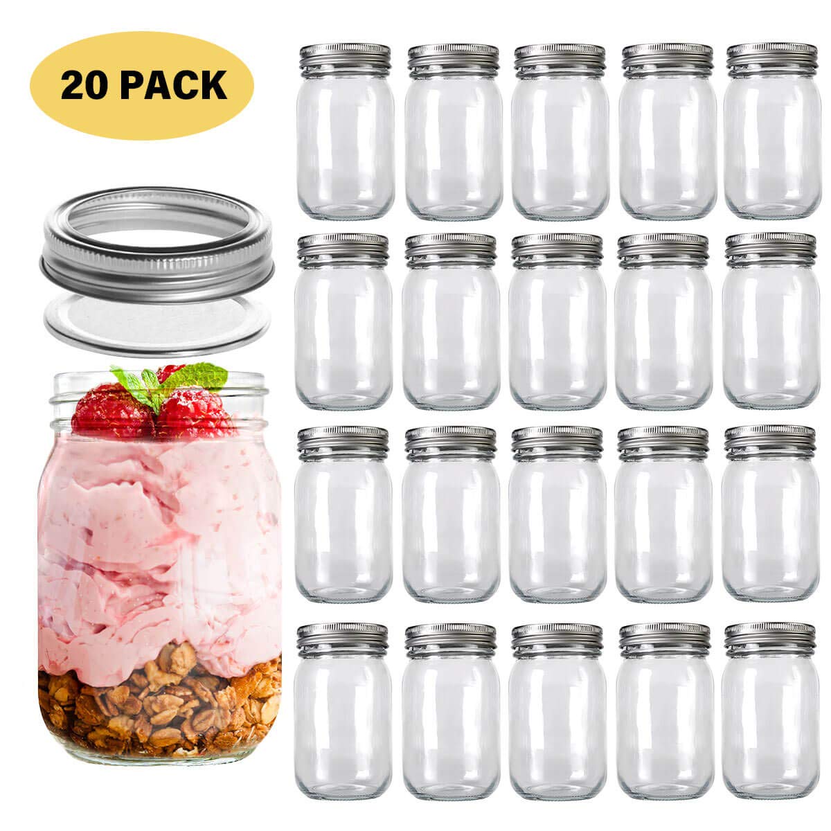 Simiao Mason Jars Glass Canning Jars with Lids, Mini Regular Mouth Jars for Jam, Honey, Wedding Favors, Shower Favors, Baby Foods, DIY Magnetic Spice Jars BPA-Free (12 oz 20 pack)