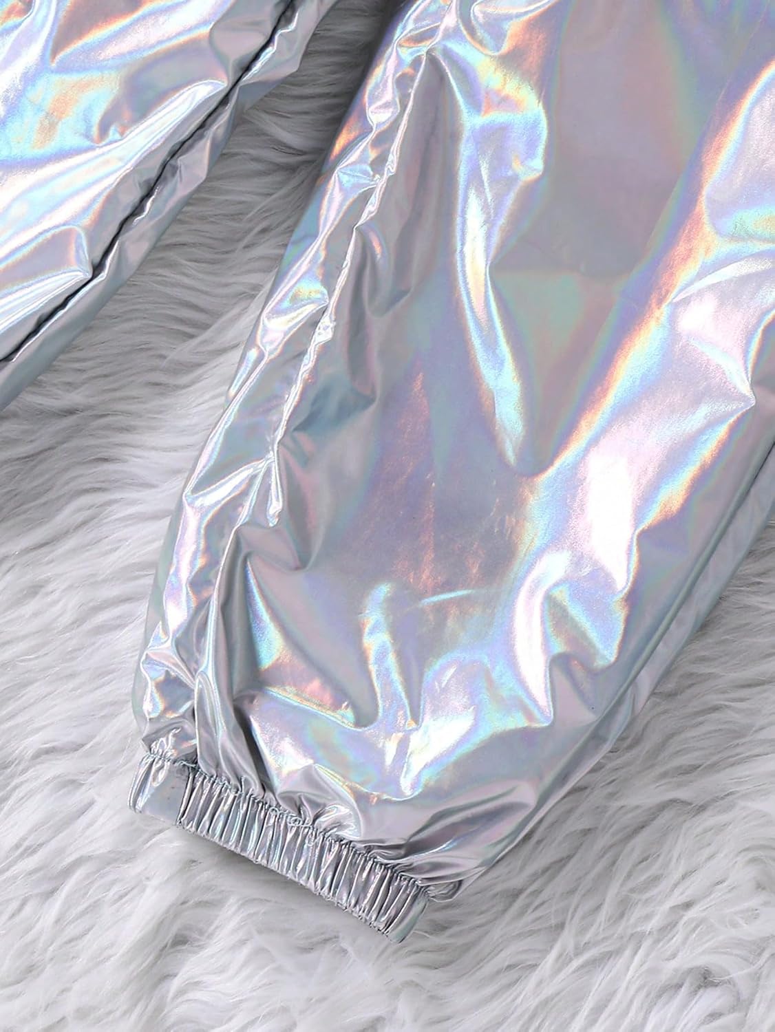 WDIRARA Girl's 2 Piece Holographic Outfit Flap Pocket Zip Up Jacket and Elastic Waist Pants Set
