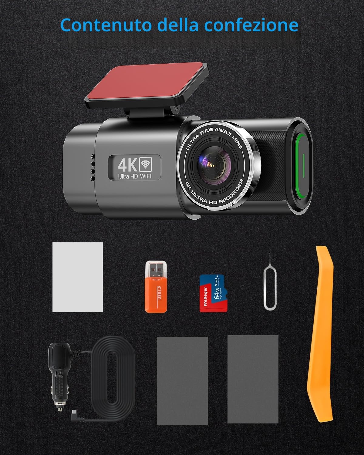 Telecamera WiFi per auto anteriore posteriore, 4K + 1080P per auto, controllo app con scheda SD da 64 G, visione notturna, sensore G, registrazione loop, WDR (Pollici, 1.47)