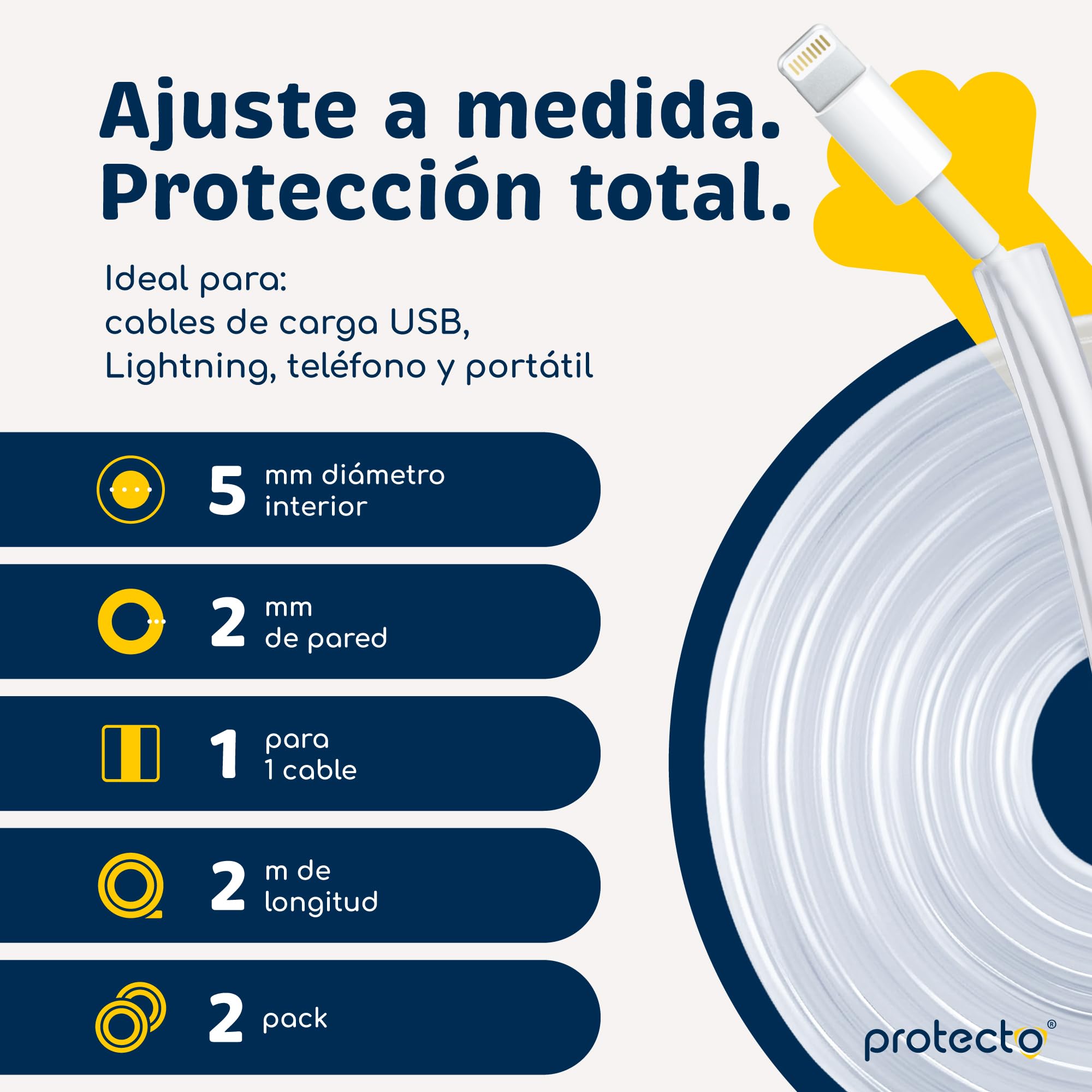 PROTECTO Pack de 2 Fundas Protectora de Cables para Mascotas – 2,15 m/Ø 5 mm – Ultra Resistente, Transparente, Flexible, Inodora, Anti-Mordeduras – para Cables Eléctricos, USB, Lightning, RCA y HDMI