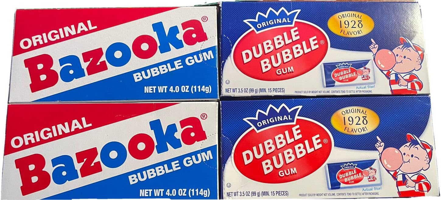 Original Bazooka Bubble Gum and Original Dubble Bubble Gum, Pack of 4, Bundled with Lang's Recipe Card, Bazooka Gum, Dubble Bubble Gum, Bubble Gum, Original Gum, Classic Gum, Comic Strip Gum, Strarring Bazooka Joe and Pud, Comic Strips Fortunes and Fun Facts Included with Every Chew, 70 Pieces