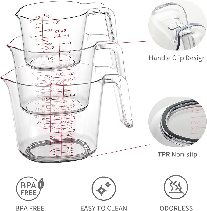 Set de 3 vasos medidores apilables de plástico transparente miniatura 3