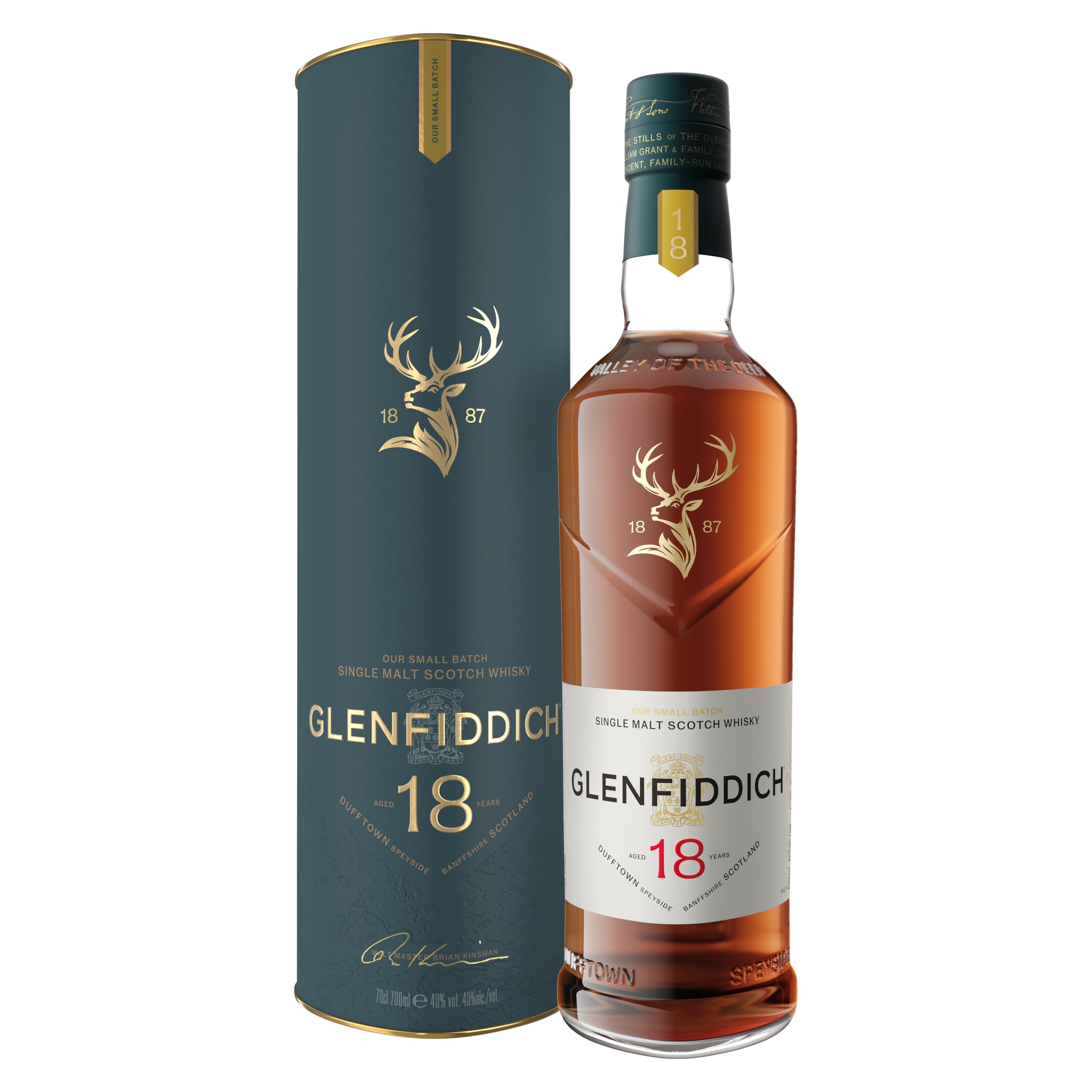Glenfiddich 18 Jahre Single Malt Scotch Whisky mit Geschenkverpackung, 70cl - in Ex-Bourbon- & Oloroso Sherry-Fässern gereift für hochwertigen Genuss - Das Flaschendesign kann variieren