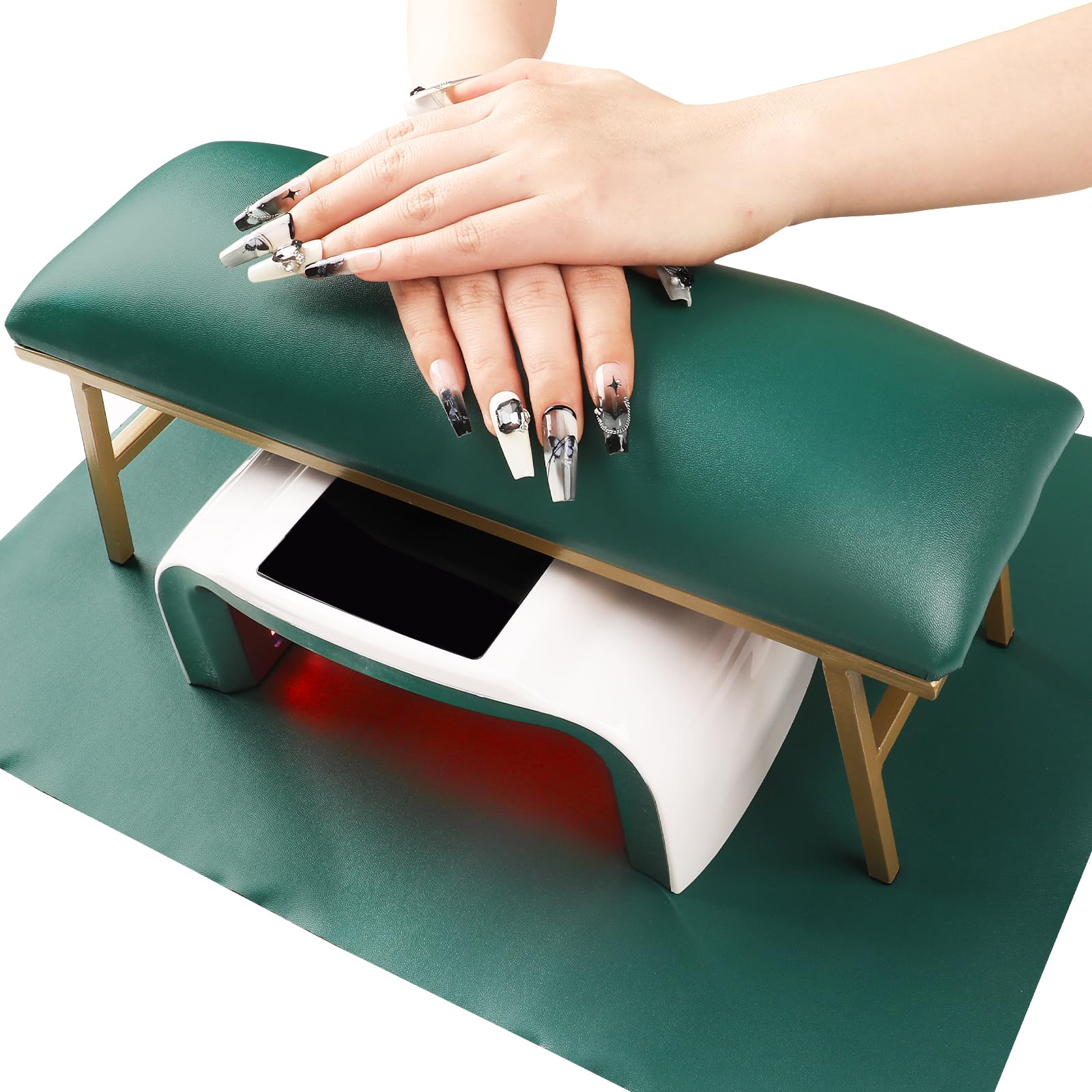 Arm Rest for Nails, Nail Arm Rest for Nail Tech with Microfiber Leather Nail Table Mat, Manicure Hand Rest Stand Nail Art Accessories Tool for Nails Tech (Green)