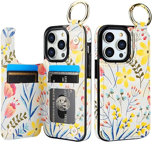 Miniatura 24 de HAOPINSH Funda tipo cartera para iPhone 14 Pro con tarjetero, patrón de flores pálidas en la parte trasera, de piel sintética, con ranuras