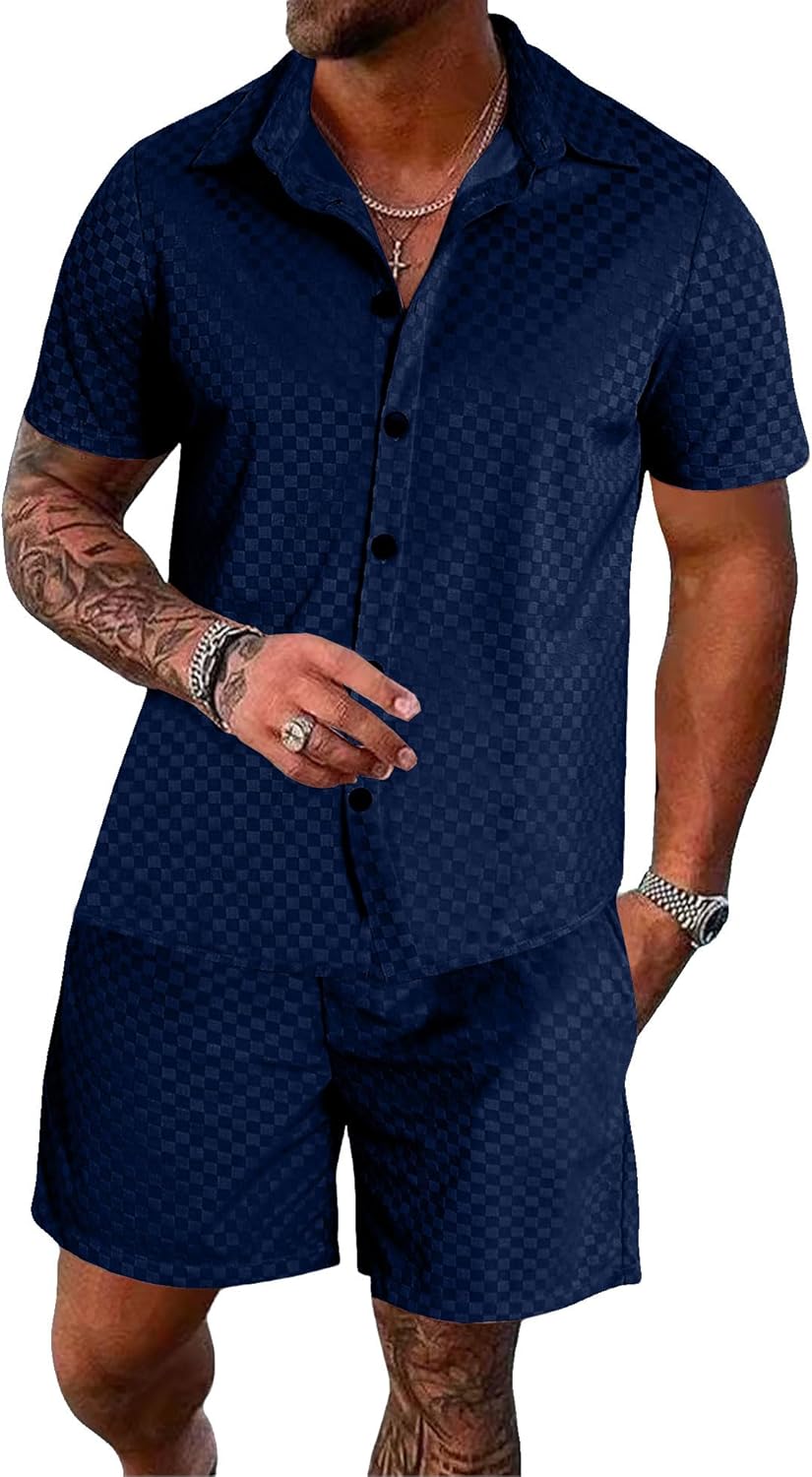UOUA Mens Velour Tracksuit 2 Piece Outfits Short Sleeve Button Down Shirt and Short Sets Casual Sweatsuits