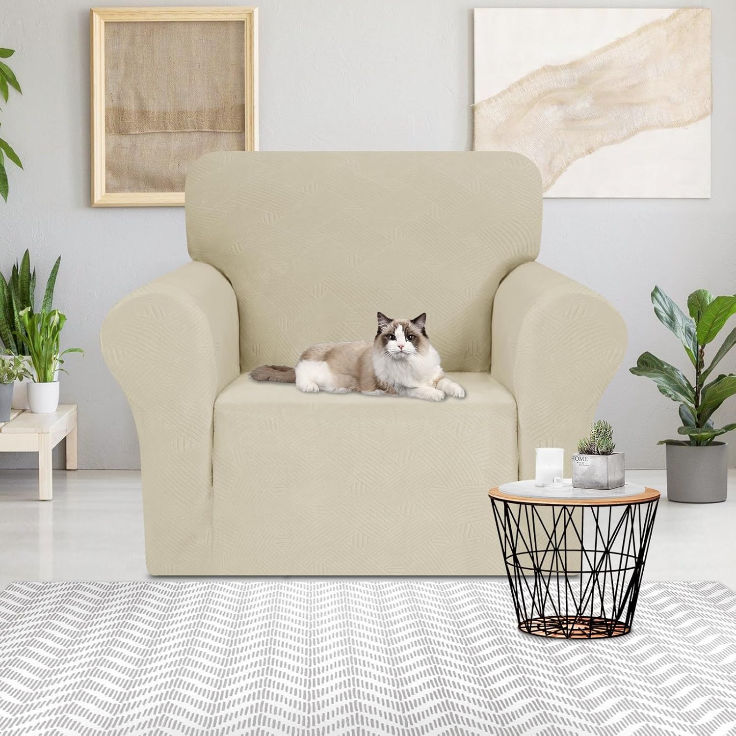 JIVINER Chair Cover for Living Room, 1 Piece Armchair Sofa Slipcovers Stretch Pet Friendly Couch Furniture Protector Covers with Elastic Bottom (Chair, Khaki)