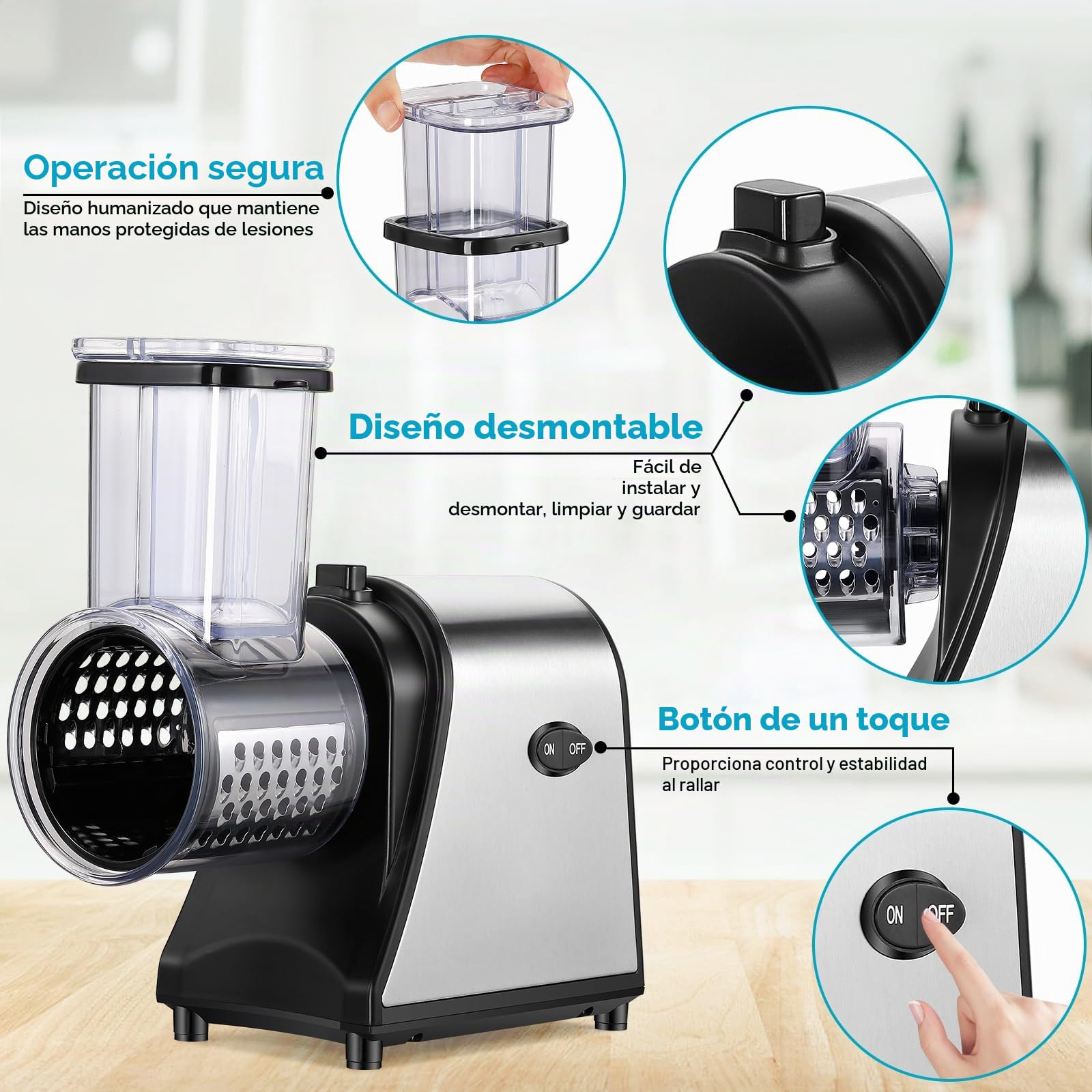 Nictemaw Cortador de verduras eléctrico de acero inoxidable, 250 W, rallador de verduras, rallador múltiple con 5 cuchillas y gran ranura de llenado para frutas, verduras, queso y uso diario