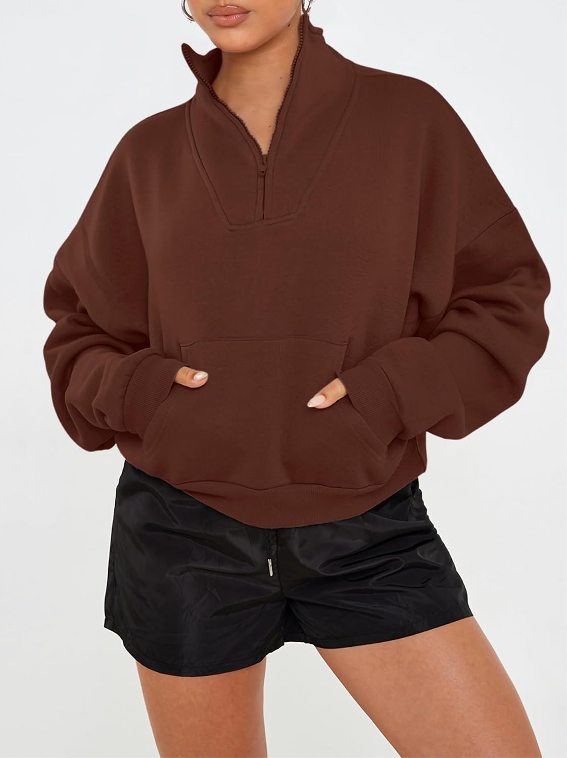 PRETTYGARDEN Womens Quarter Zip Long Sleeve Cropped Sweatshirt 2025 Fall Winter Casual V Neck Pullover Tops With Pockets - Image 2