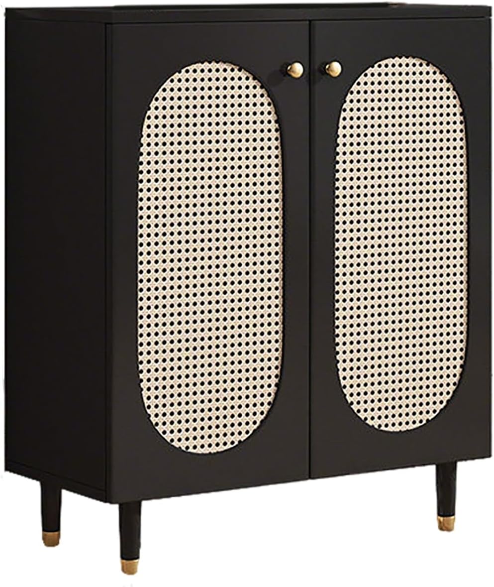 Entrance Shoe Cabinet, Large Capacity Woven Storage Organizer, Rattan & Engineered Wood Rack, Slim Entryway Hallway Furniture for Home(Black,23.6 * 14.3 * 37.4in)