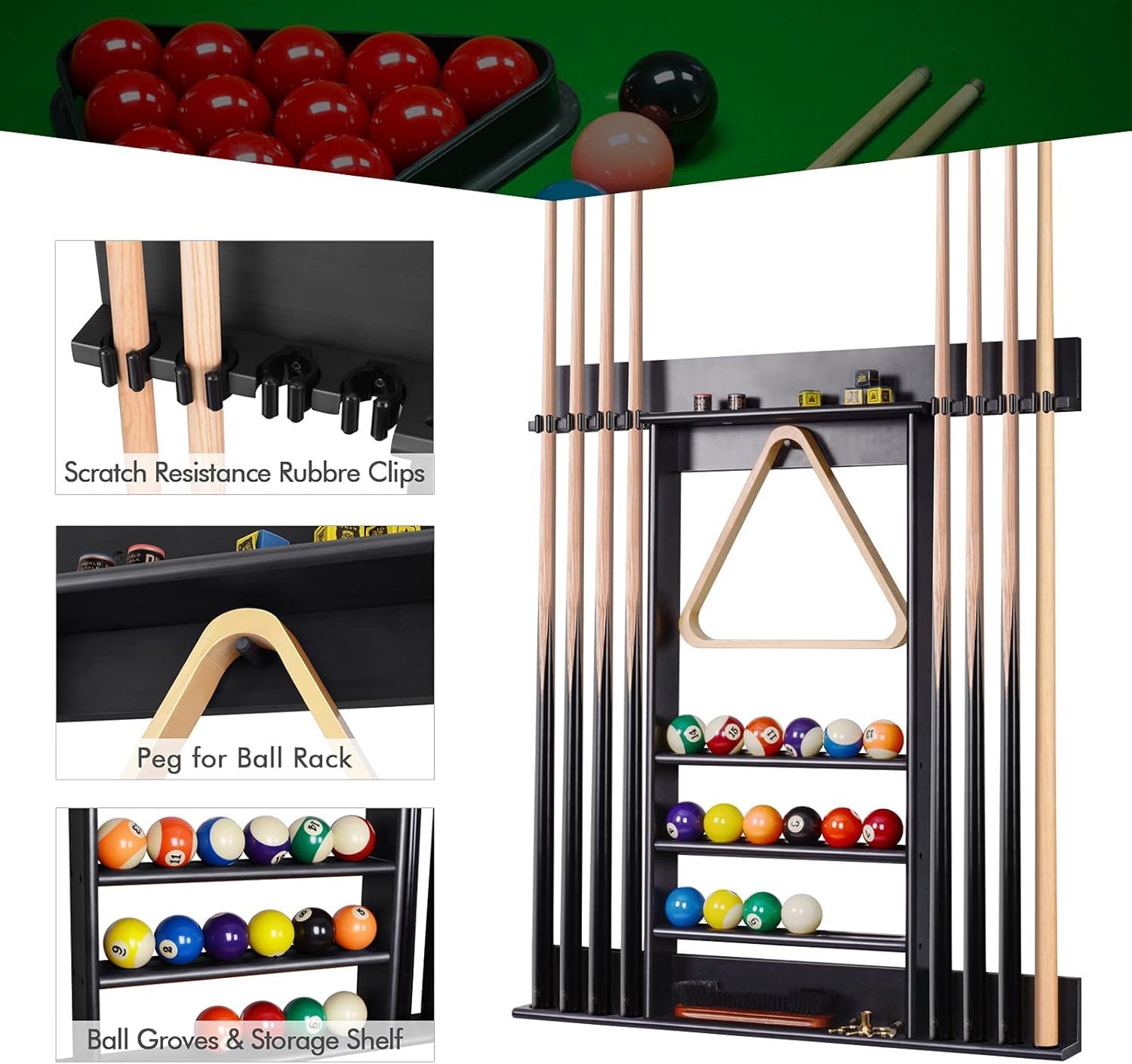 XCSOURCE Pool Stick Holder, Pool Cue Rack Wall Mount, 8 Pool Cue Holder Wall Billiard Cue Rack, Made of 100% Solid Pine Wood, Pool Table Accessories for Billiard Room or Club (Cue Rack Only)