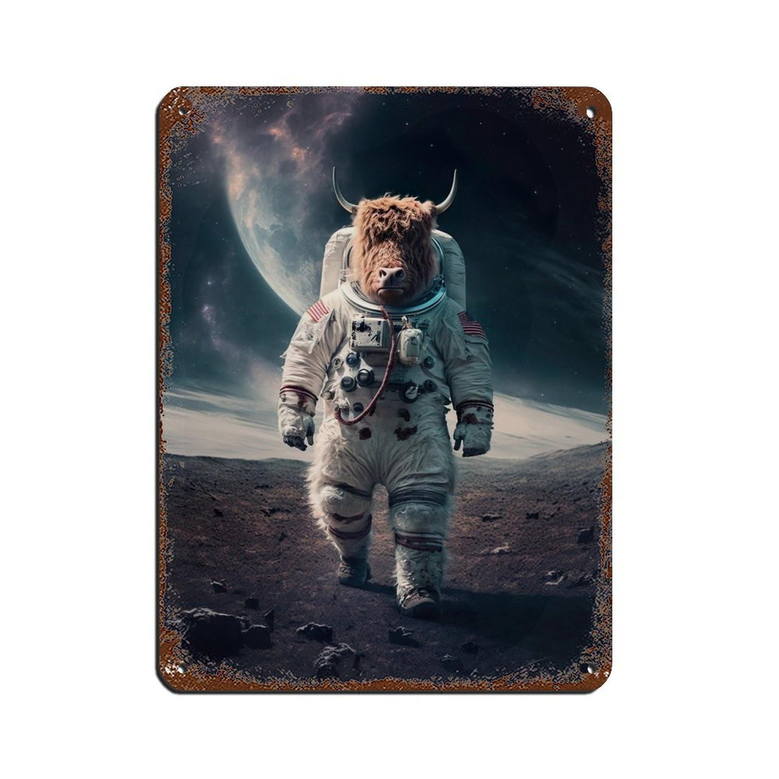 Astronaut Highland Cow, Futuristic Animal（2） Tin Sign Vintage Metal Pub Club Cafe Bar Home Wall Art Decoration Poster Retro 12x16inch(30x40cm)