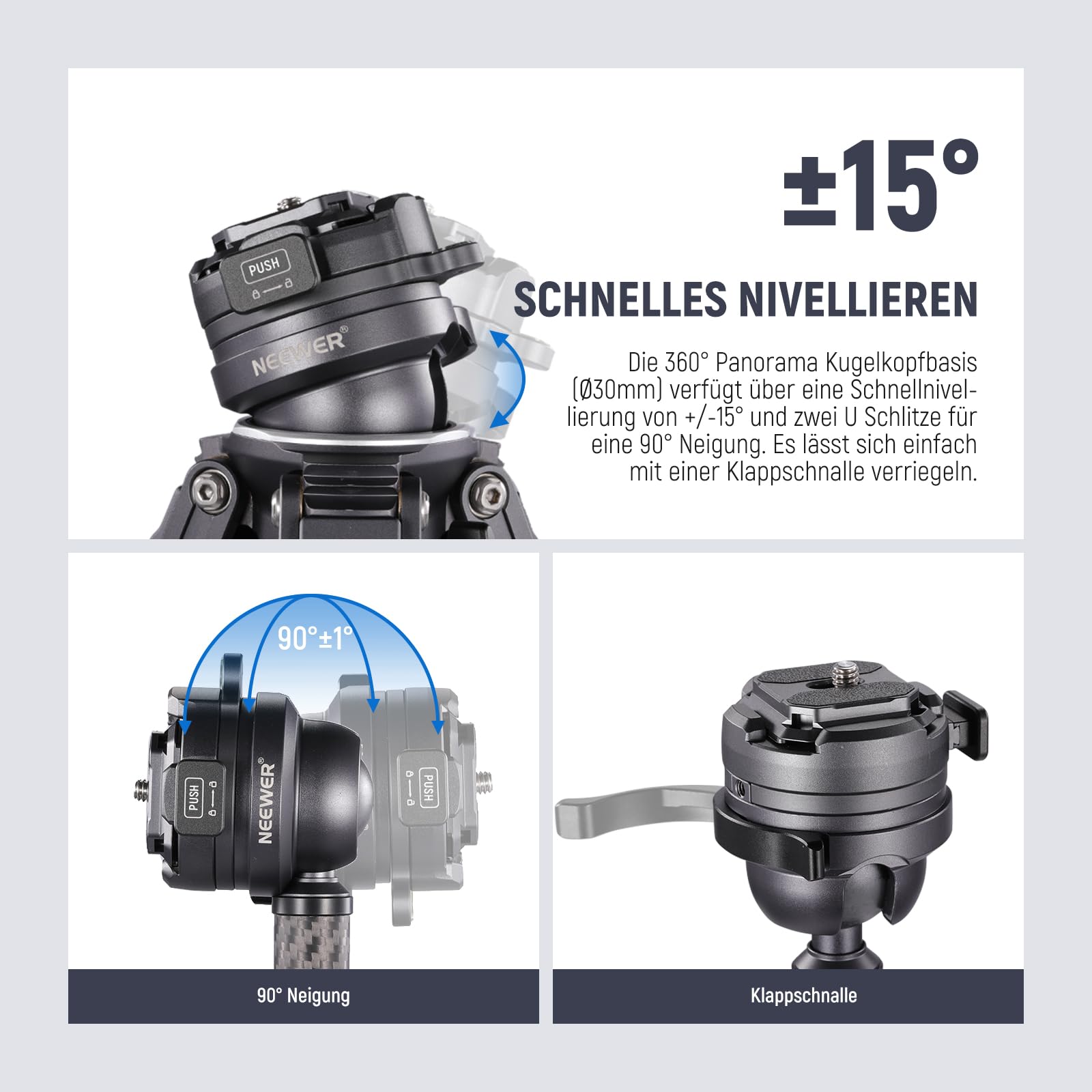 NEEWER LITETRIP LT32 Kamera Reisestativ, tragbarer Ständer aus Carbonfaser, Kugelkopf mit Mittelachse Klappverschluss Reinigungstuch Arca QR Platte kompatibel mit Peak Design Capture V3 (ehemals TP62)