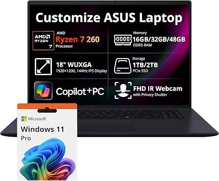 Hotface Customized Laptop, Created Using ASUS Vivobook 18 18" WUXGA 144Hz Laptop, AMD Ryzen 7 260, 16GB/ 32GB/ 48GB RAM, 1TB/ 2TB SSD, Copilot+ PC, Backlit Keyboard, Num Pad, Win 11 Pro, Blue
