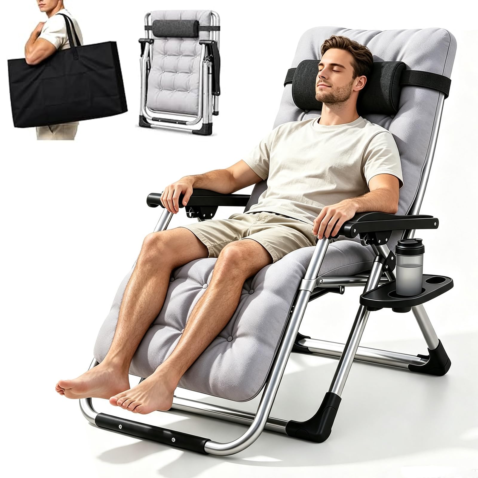 JAXEN Adjustable Zero Gravity Outdoor Recliner Chair Foldable Patio Sun Lounger with Cushion & Side Drink Holder, Heavy Duty Metal Frame Supports 200KG No Assembly Needed for Garden Beach Camping — image 1