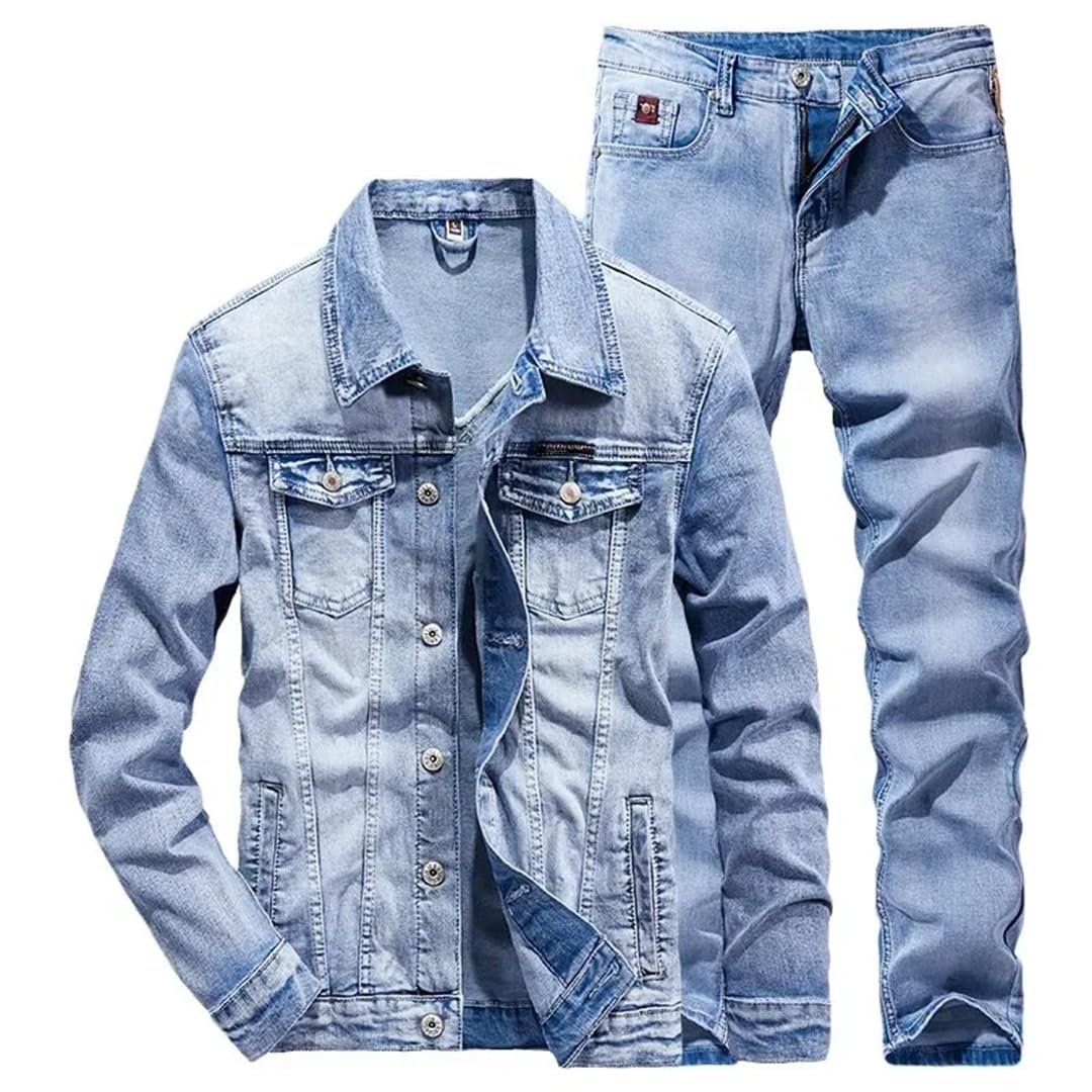 Herren Slim Denim Jacke und Hose Zweiteiliges Set Frühling Herbst Jeans Anzug