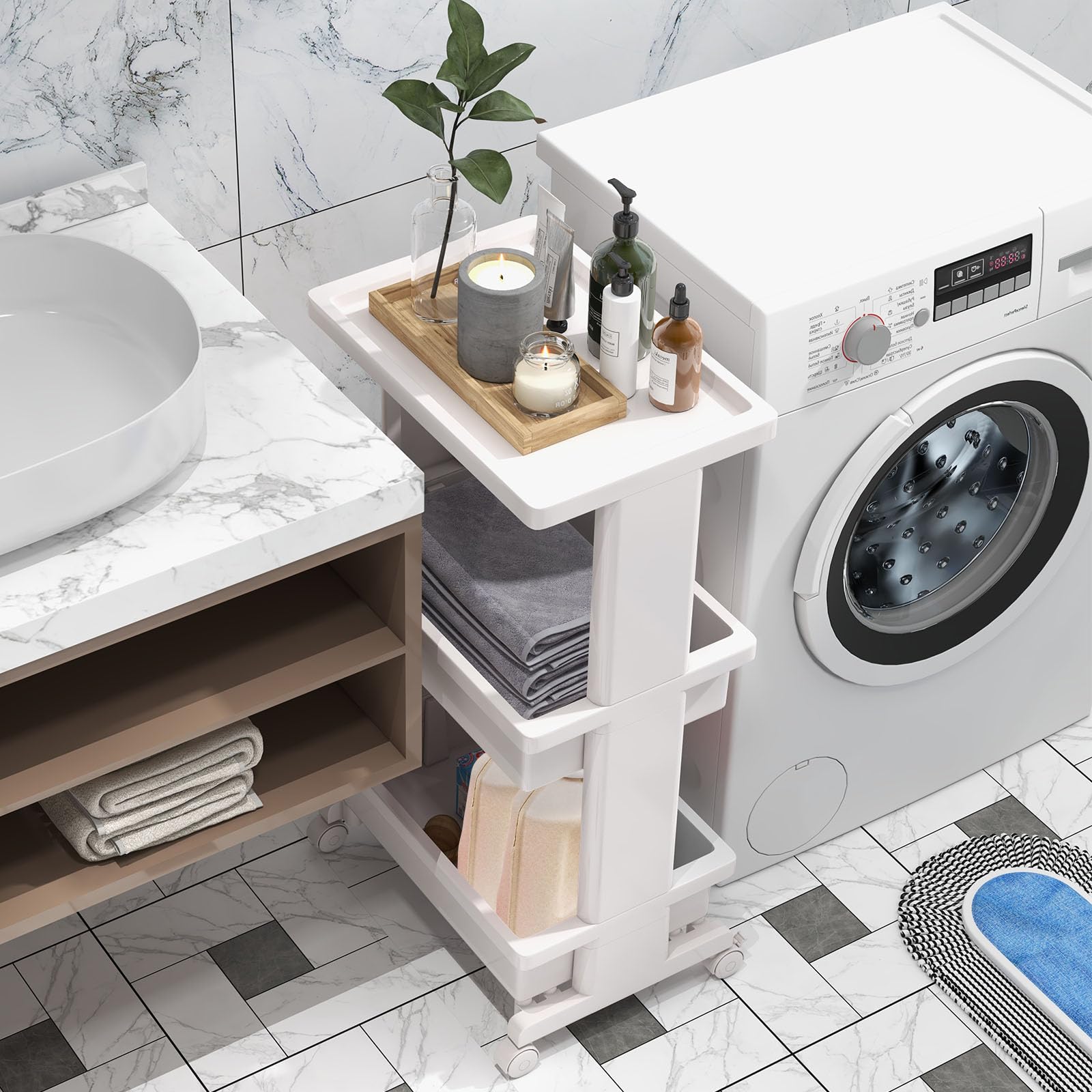 HOMASIS Carrello Cucina a 3 Livelli, Carrello Portaoggetti Salvaspazio in Plastica, Carrellino Scaffale con Ruote per Bagno, Trucco, Ufficio, 45 x 30 x 81 cm, Bianco
