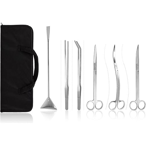 Aquarium Aquascaping Tools 7 in 1 Stainless Steel Aquatic Scissors Tools Kit Aquascape Curved Waved Scissors Tweezers Spatula for Fish Tank Cleaning Plant Trimming