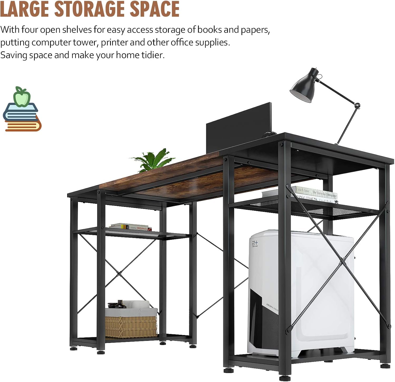 Authentic Crazy Deals Foxemart Computer Desk with Storage Shelves, 55 Sturdy Office Desk with CPU Stand, Industrial Desk Study Writing Table for Home Office, Vintage Rustic Brown and Black