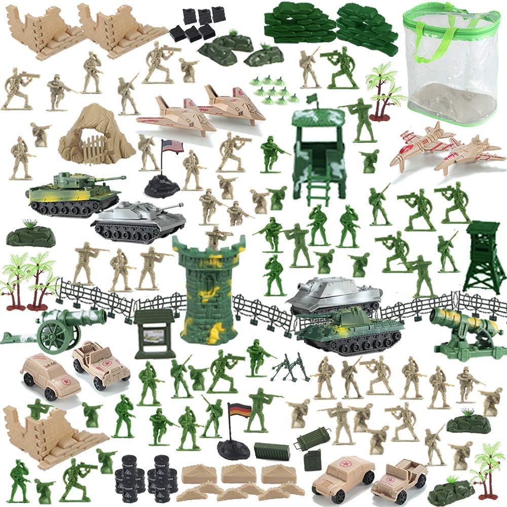 150 Piece Military Figures and Accessories - Toy Army Soldiers in 2 Colors, 14 Design Vehicle,War Soldiers Playset with 2 Flags and Battlefield Accessories