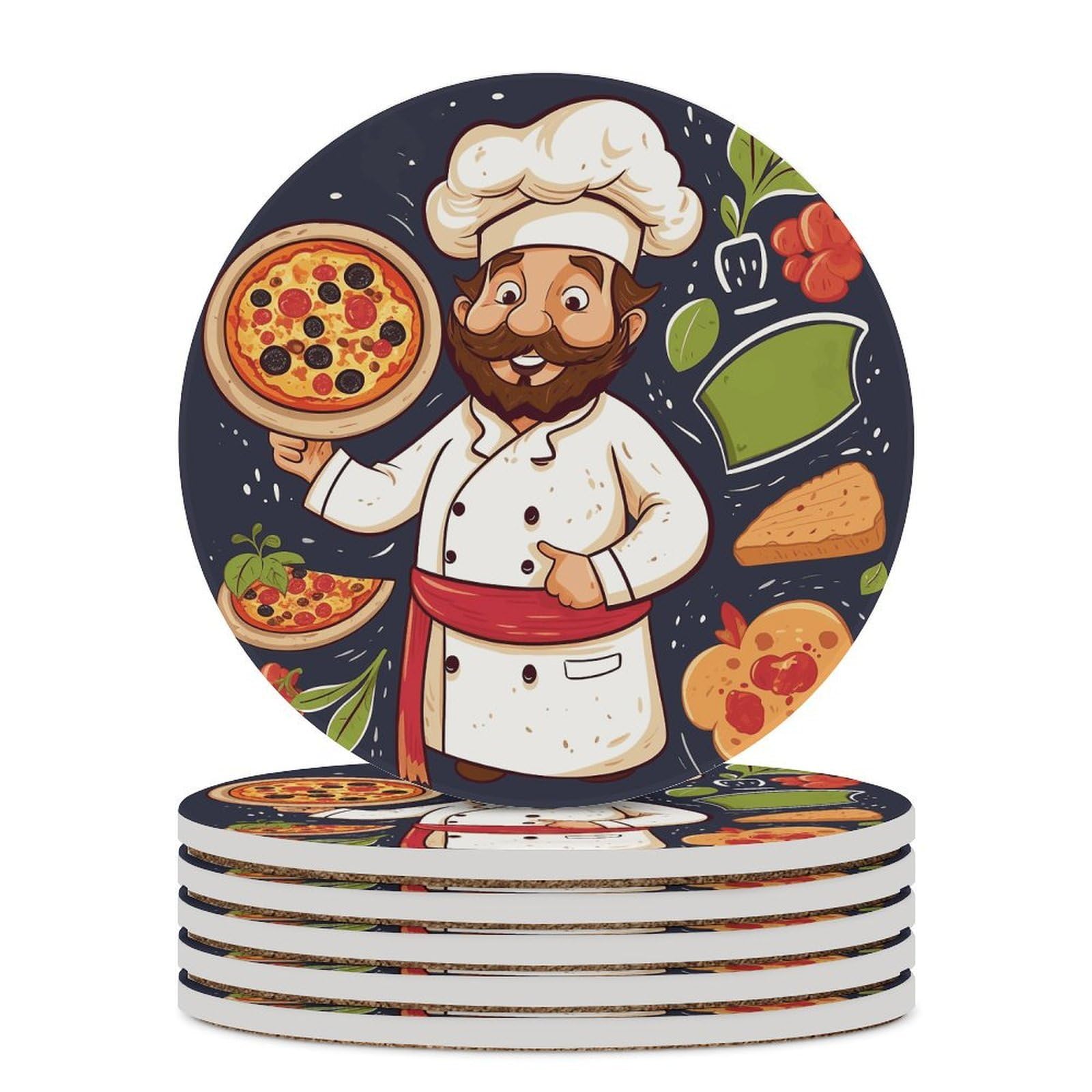 Chef Pizza Coaster with Cork Base Drink Coasters for Coffee Table Decor Modern Cup Coasters with Non-Slip & Heat-Resistant Cute Ceramic Table Coaster for Home Dining