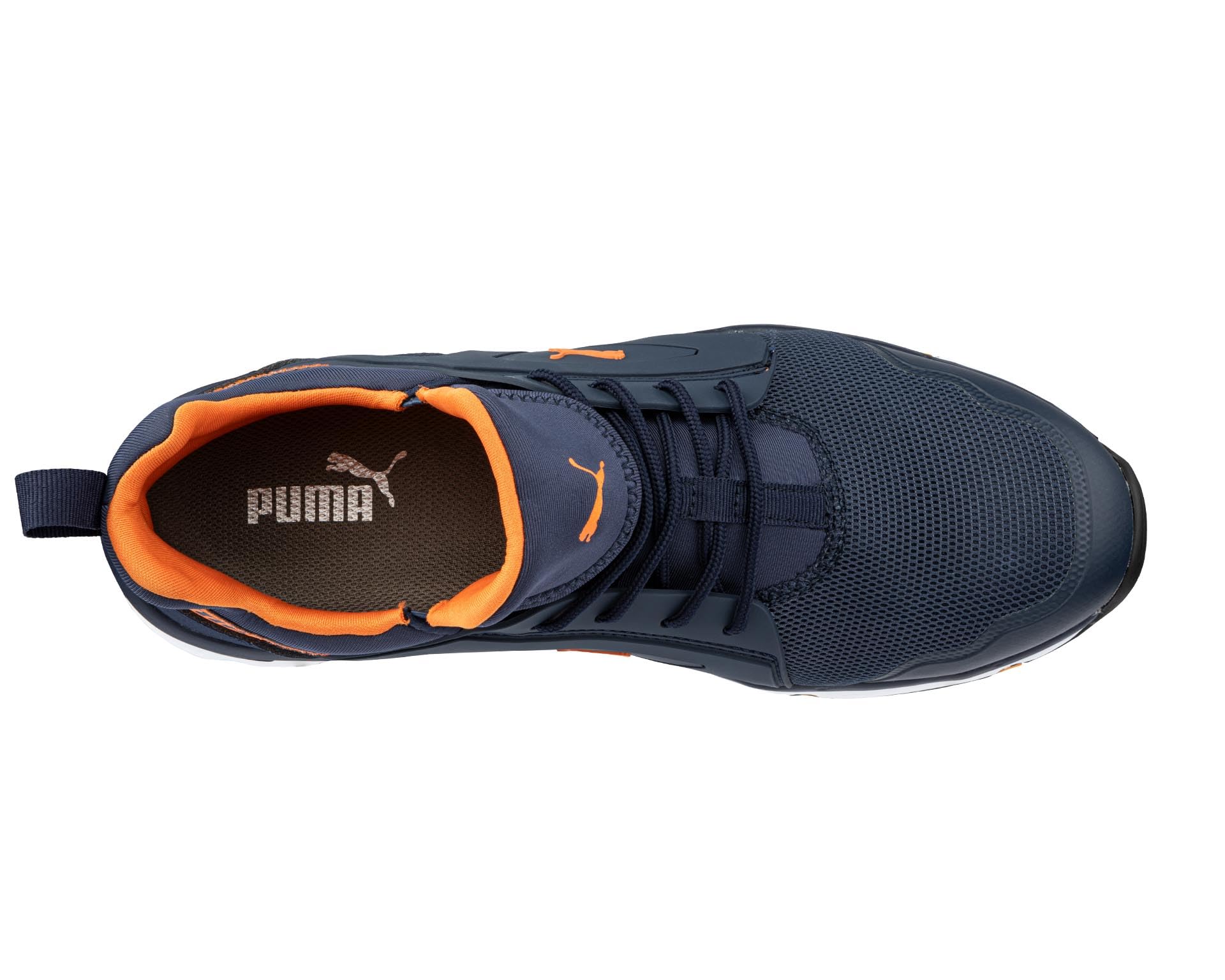 PUMA Safety Chase Blue Orange Low S1PS ESD FO HRO SR - Zapatos de seguridad para hombre, transpirables, antideslizantes, sin metal, tapa de fibra de vidrio, zapatos de trabajo