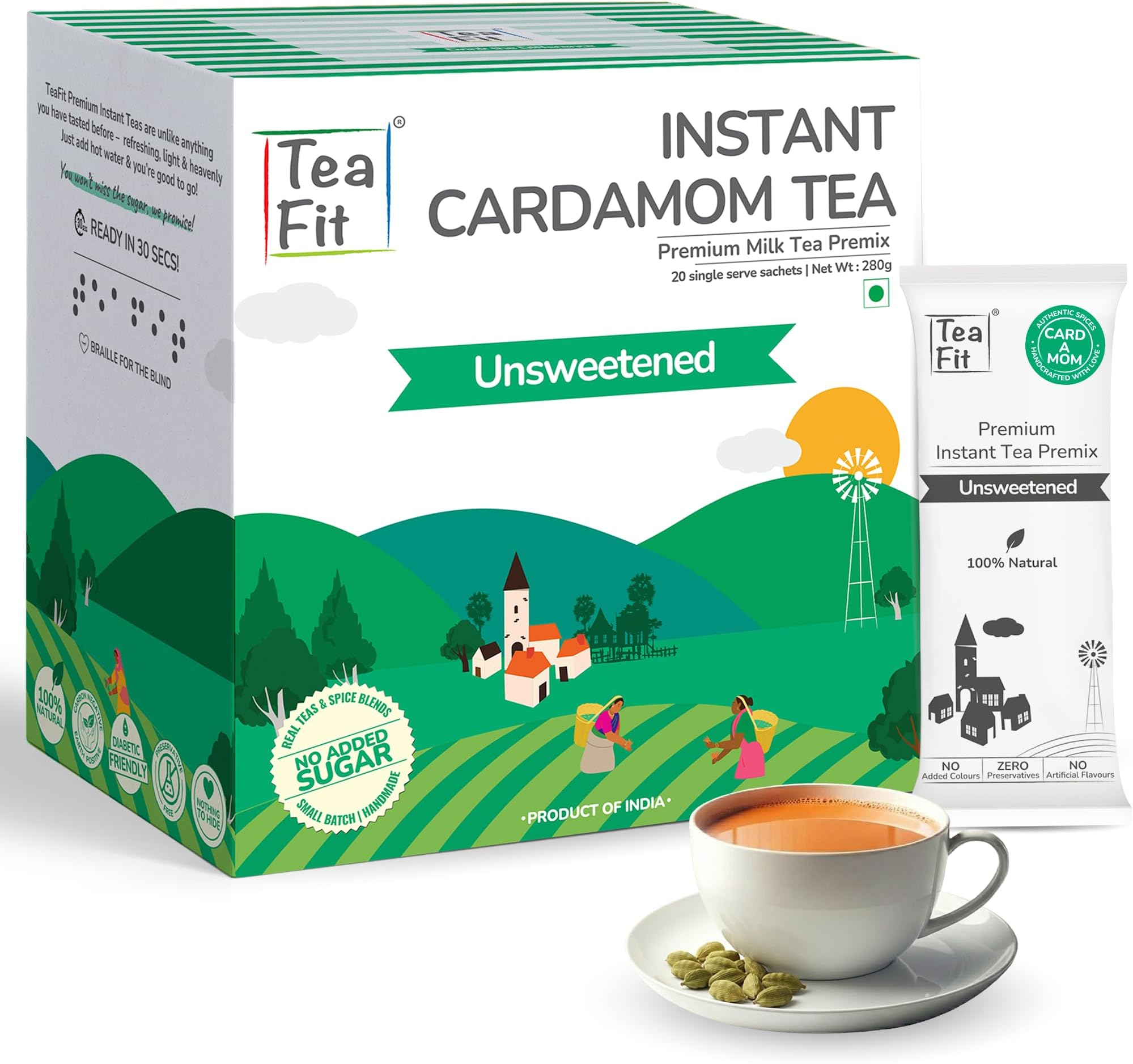 TeaFit Premium NO SUGAR Instant Cardamom Tea Premix | Pack of 20 Sachets (280gm) | Real Milk & Cardamom | Home Style Elaichi Chai | Milk Tea Premix | Diabetic Friendly | No Added Sweeteners